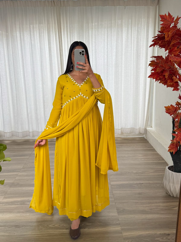 Party Wear Look Faux Georgette Mustard Yellow Color Gown With Dupatta