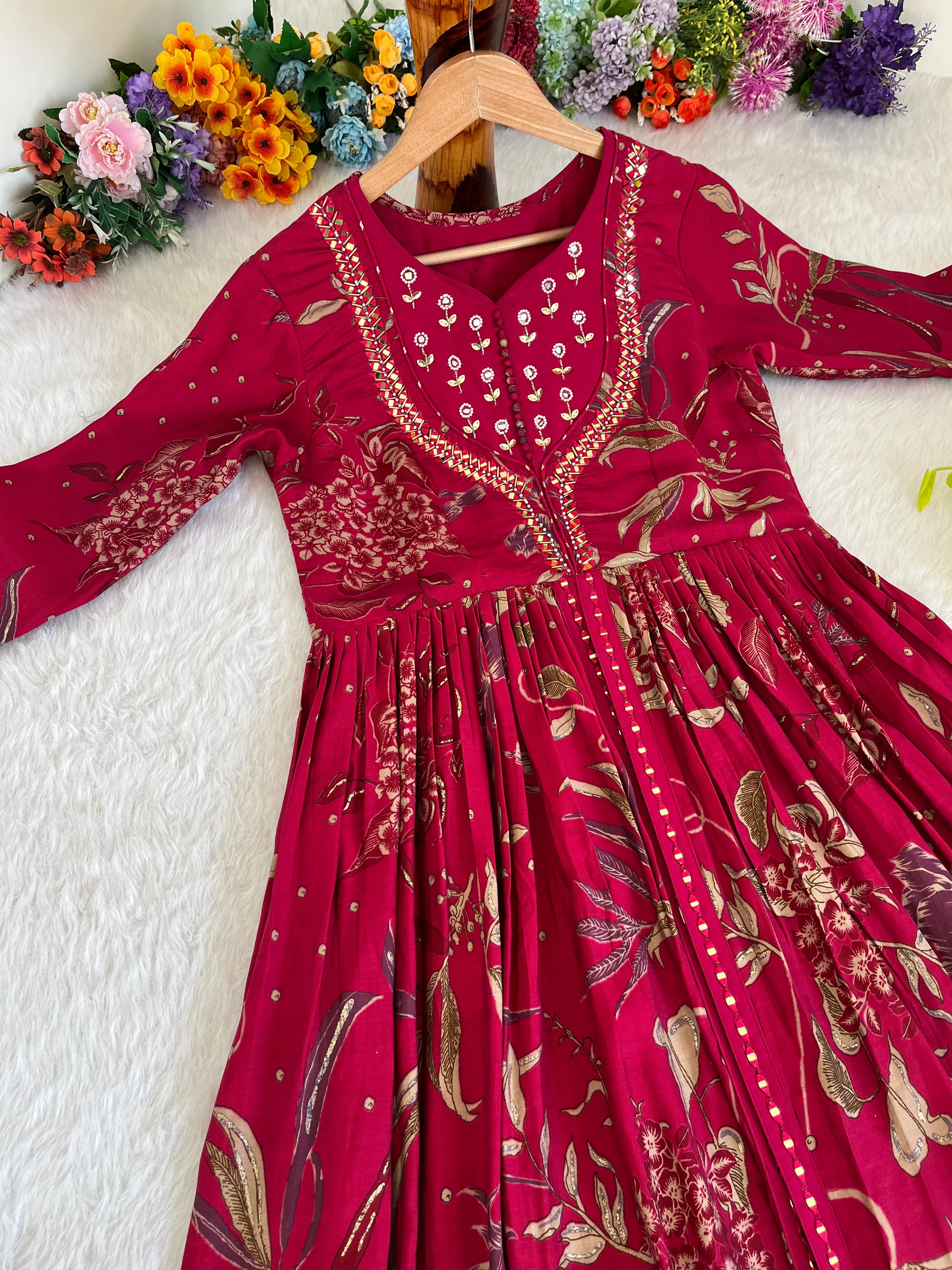 Party Wear Magenta Color Roman Silk Exquisite Hand Embroidered And Handwork Gown