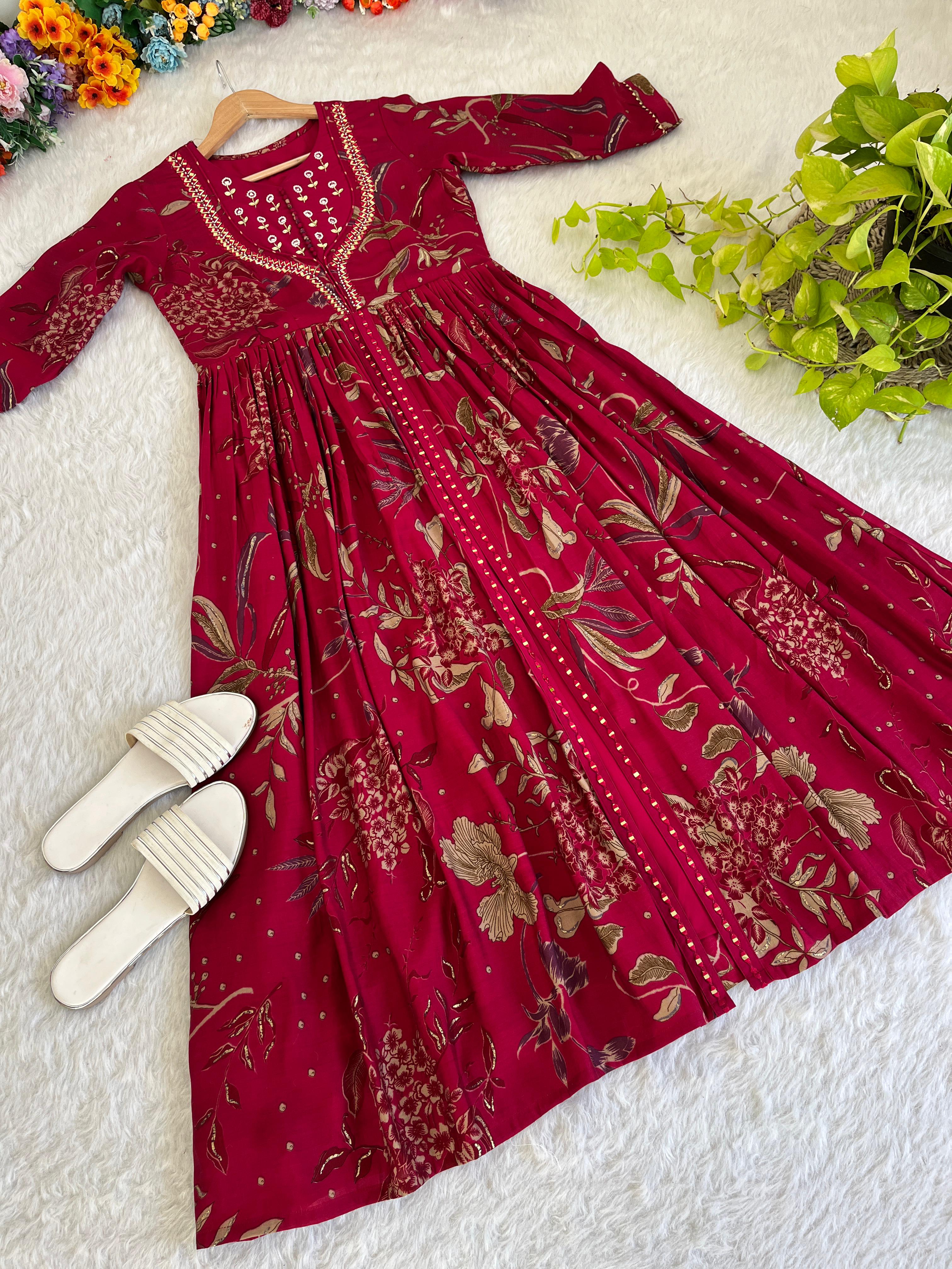 Party Wear Magenta Color Roman Silk Exquisite Hand Embroidered And Handwork Gown