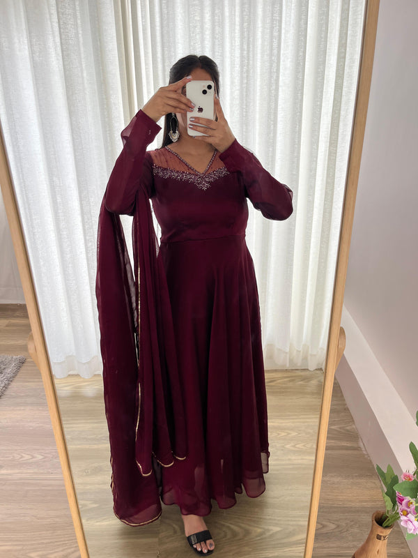 Exclusive Maroon Color Heavy Rangoli Georgette Designer Gown With Dupatta