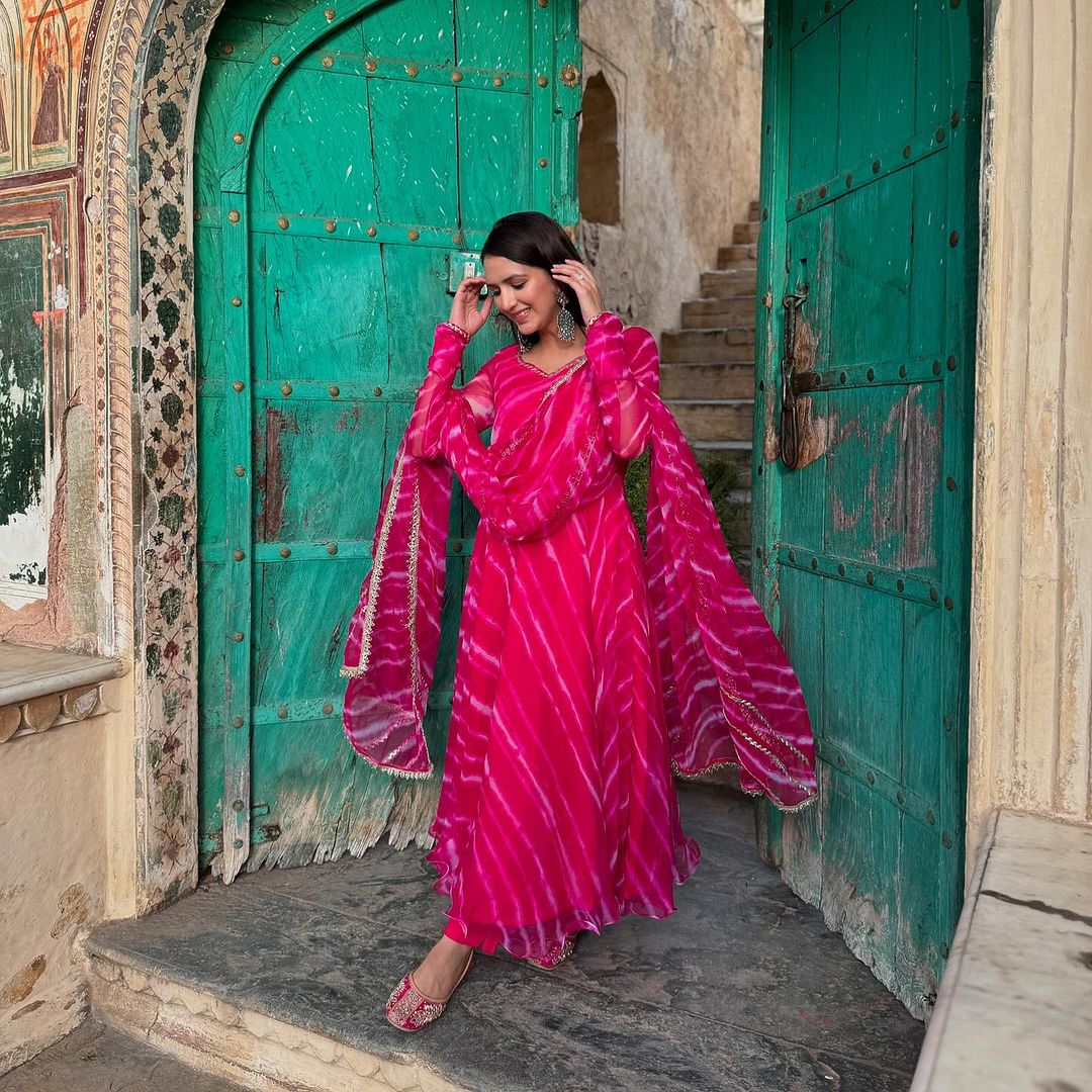 Party Wear Pink Color Pure Georgette Laheriya Printed Designer Anarkali Suit