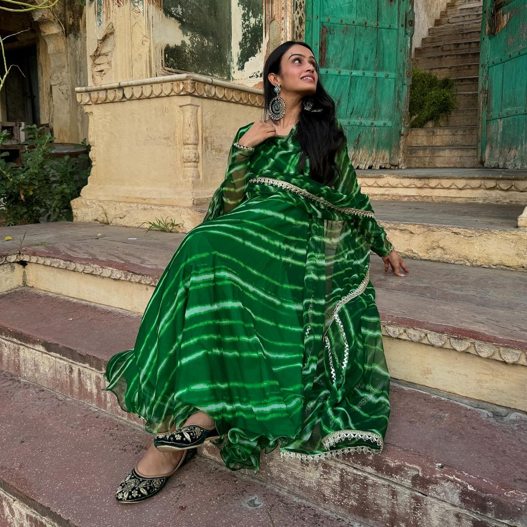 Party Wear Green Color Pure Georgette Laheriya Printed Designer Anarkali Suit