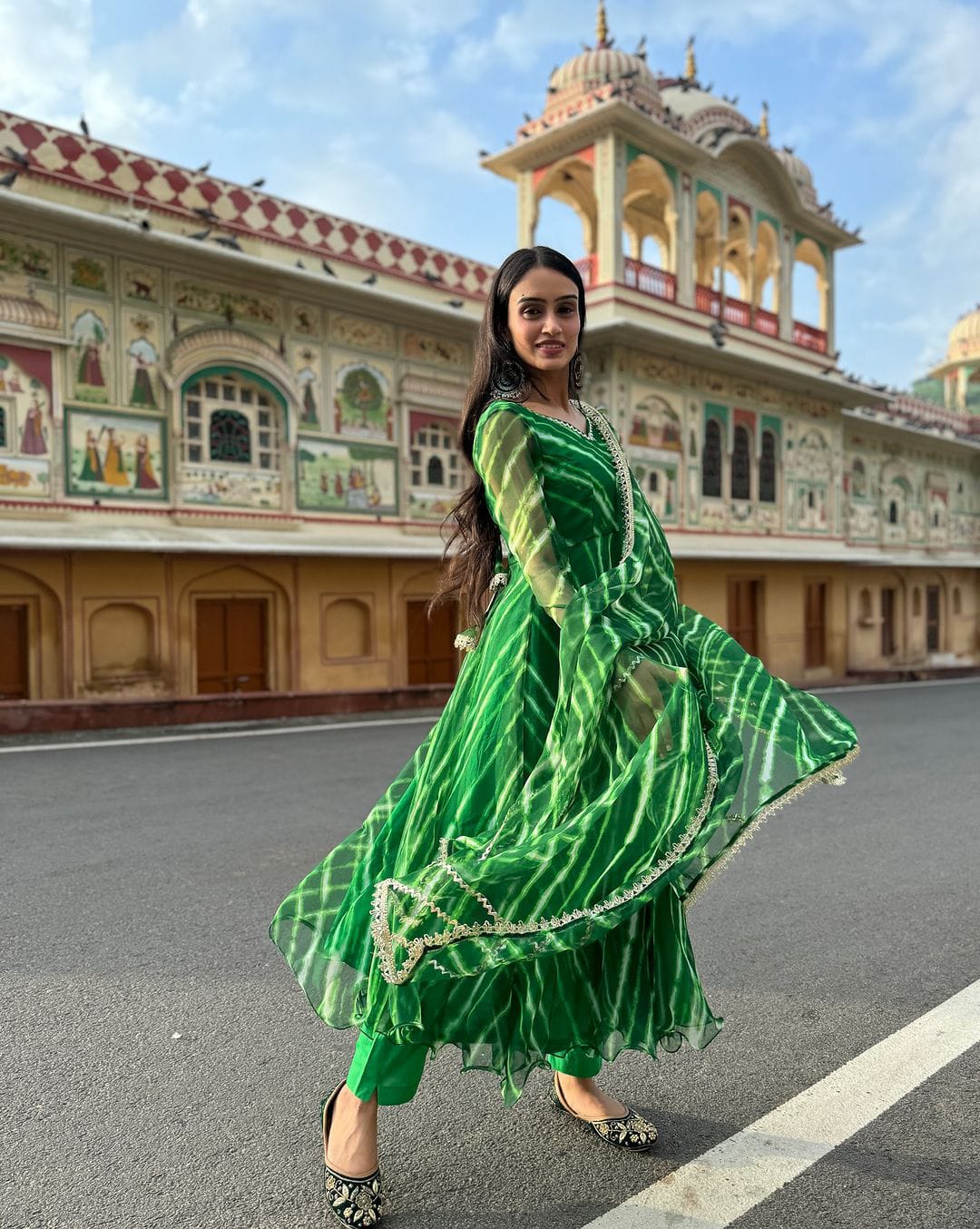 Party Wear Green Color Pure Georgette Laheriya Printed Designer Anarkali Suit