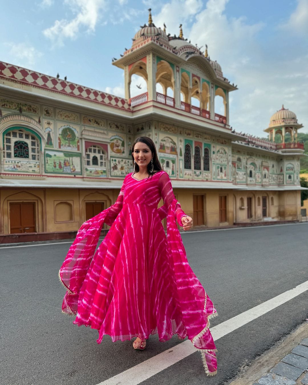 Party Wear Pink Color Pure Georgette Laheriya Printed Designer Anarkali Suit