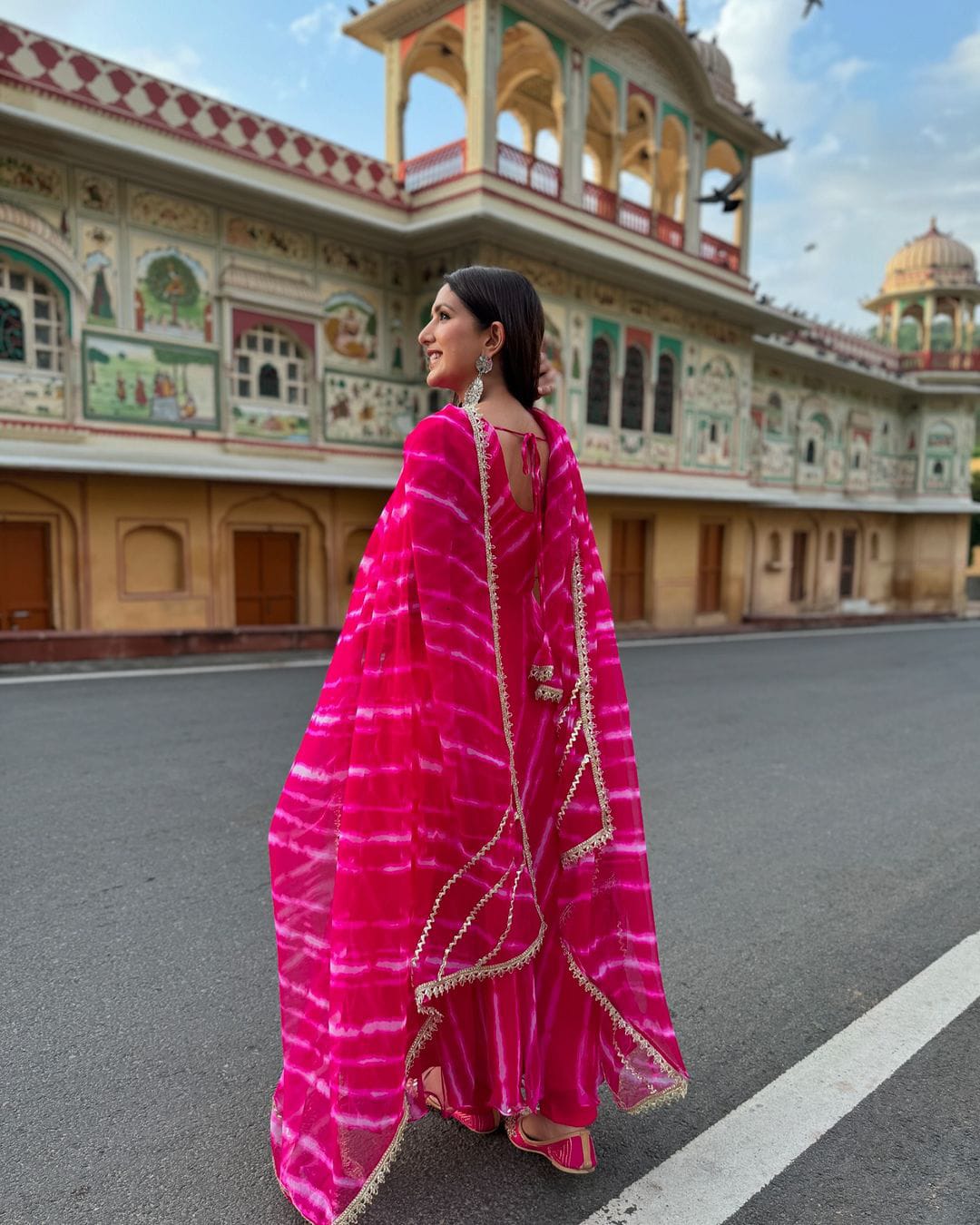 Party Wear Pink Color Pure Georgette Laheriya Printed Designer Anarkali Suit