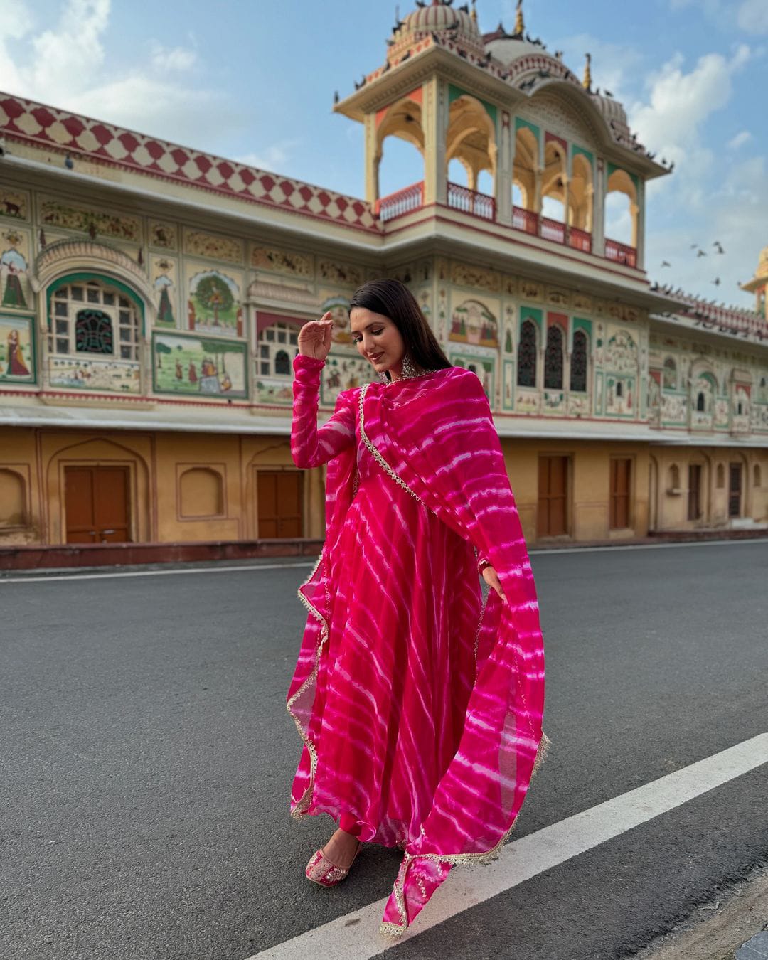 Party Wear Pink Color Pure Georgette Laheriya Printed Designer Anarkali Suit