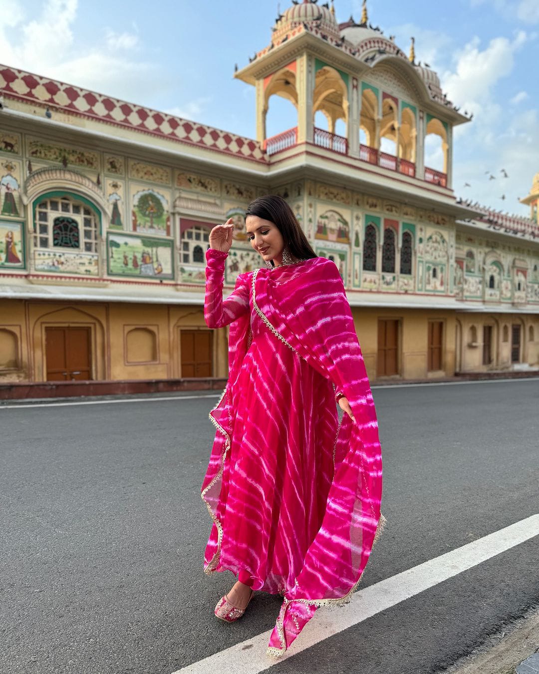 Party Wear Pink Color Pure Georgette Laheriya Printed Designer Anarkali Suit