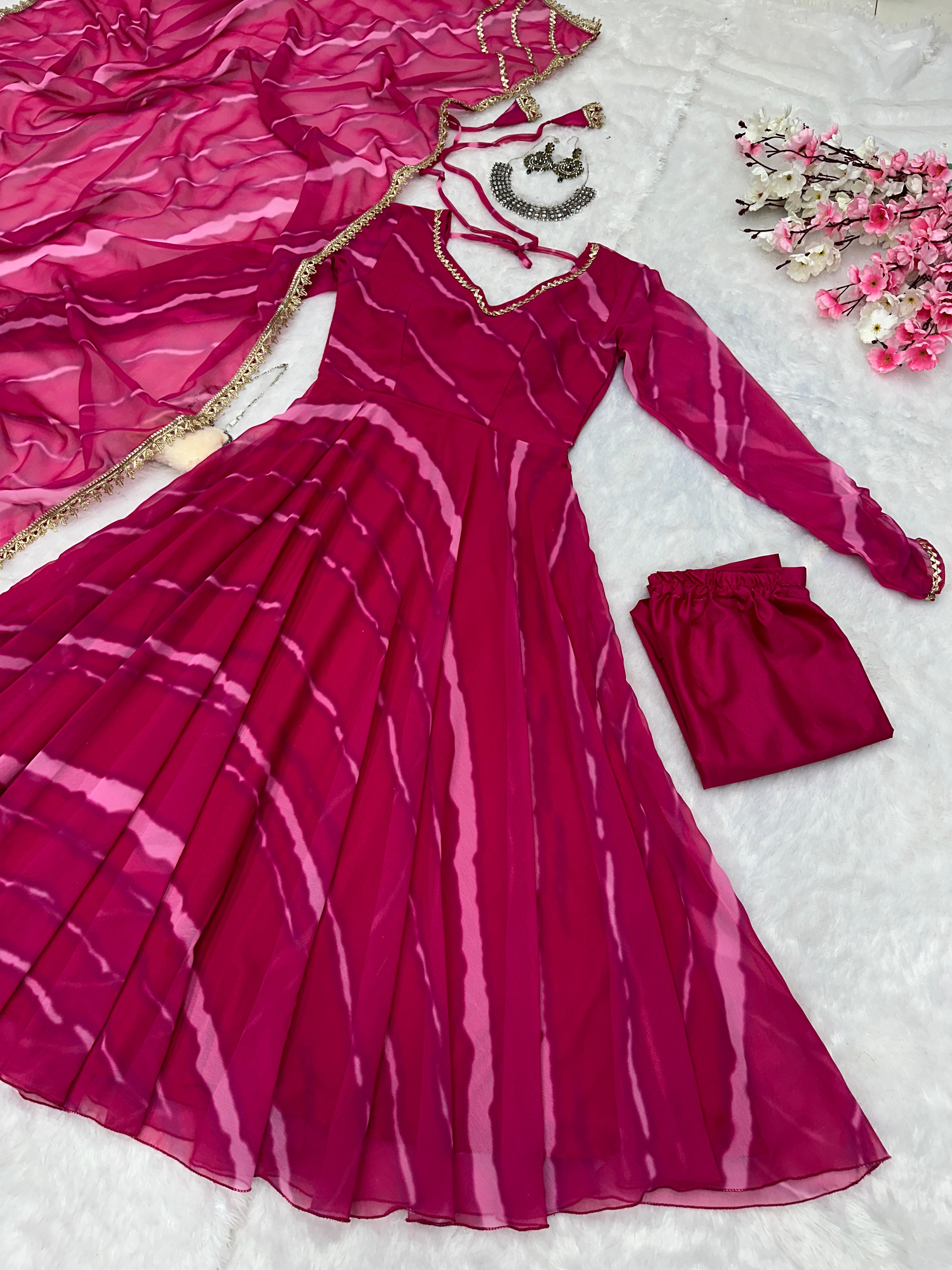 Party Wear Pink Color Pure Georgette Laheriya Printed Designer Anarkali Suit