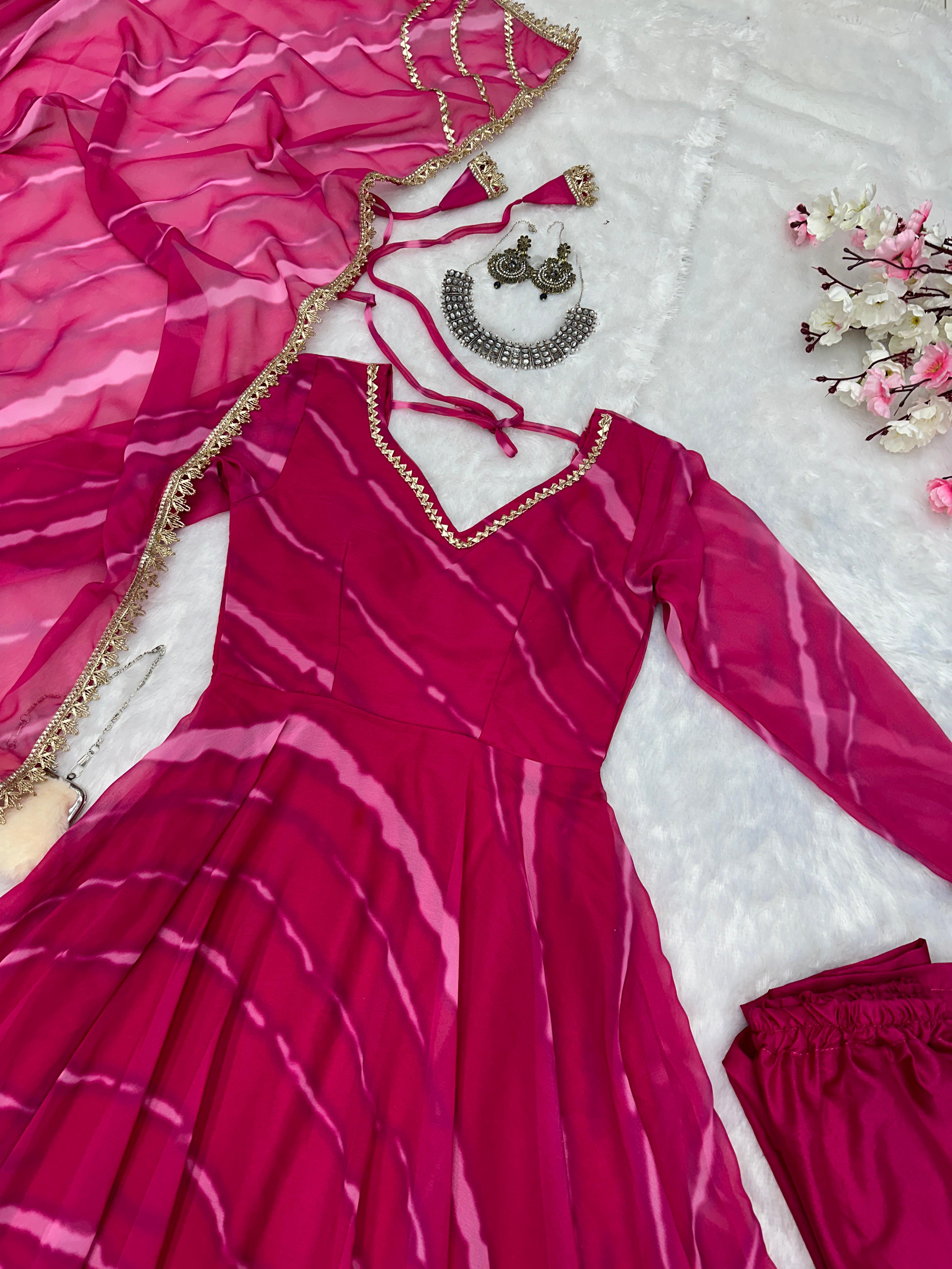 Party Wear Pink Color Pure Georgette Laheriya Printed Designer Anarkali Suit