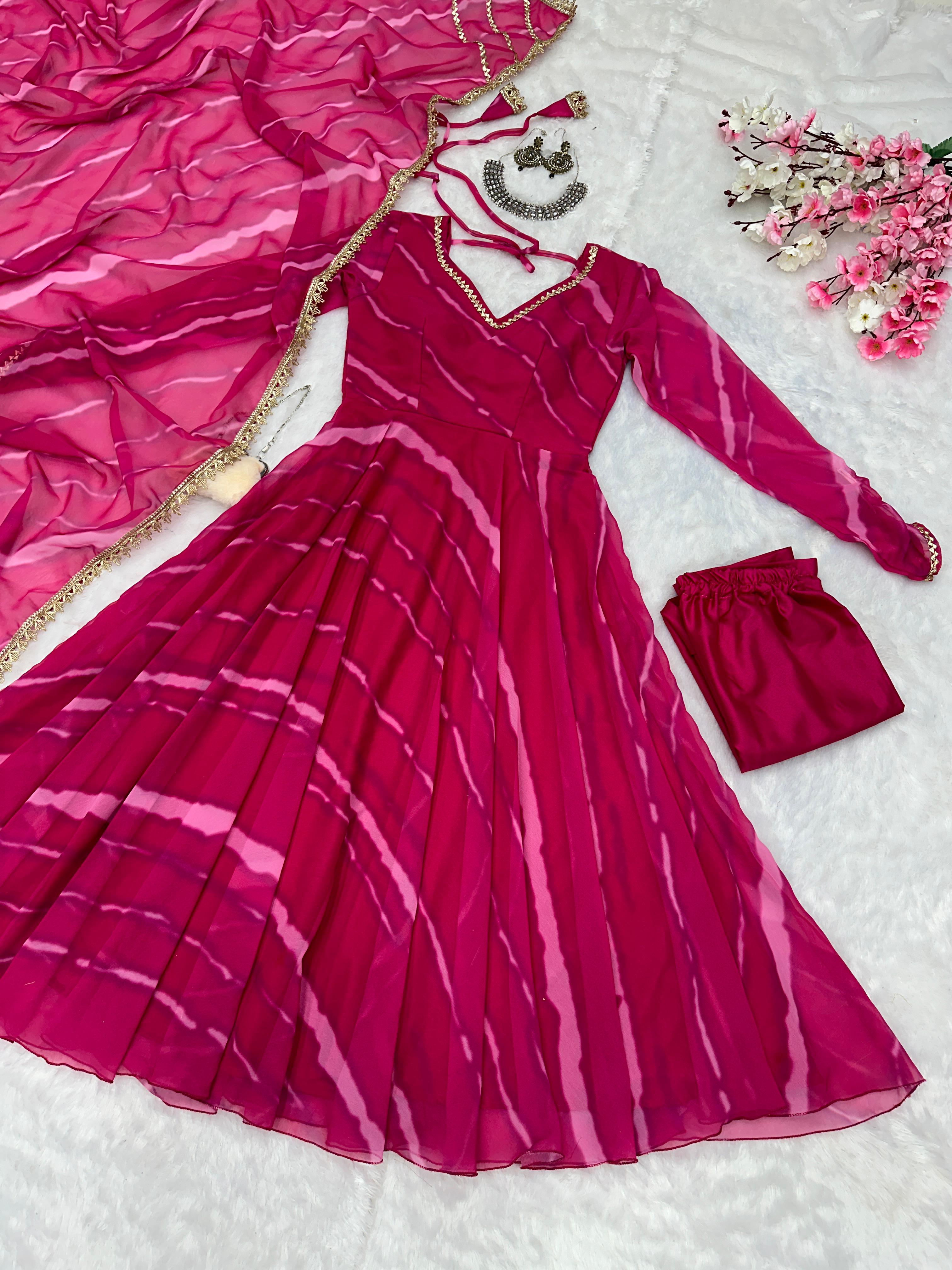 Party Wear Pink Color Pure Georgette Laheriya Printed Designer Anarkali Suit
