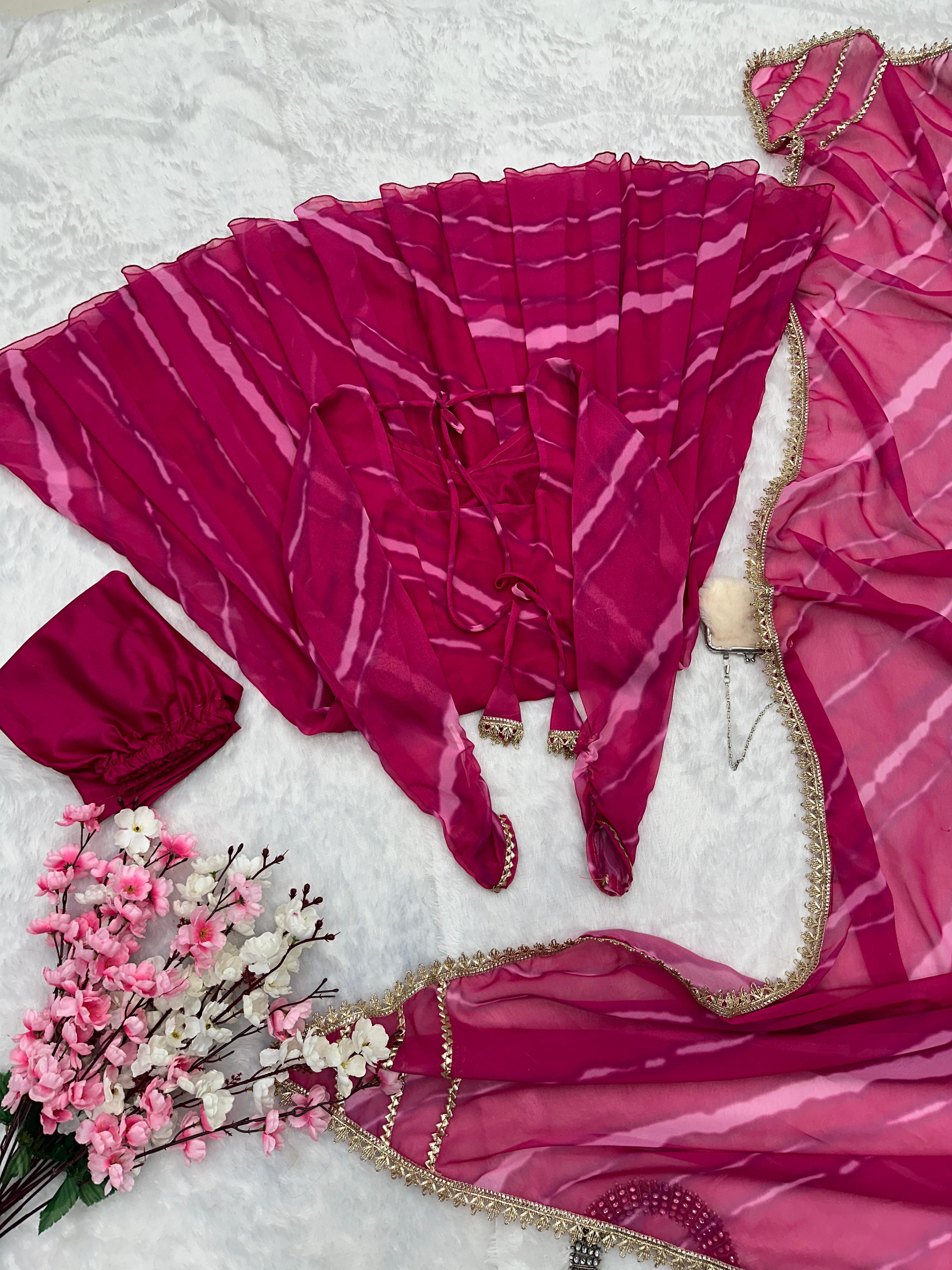 Party Wear Pink Color Pure Georgette Laheriya Printed Designer Anarkali Suit