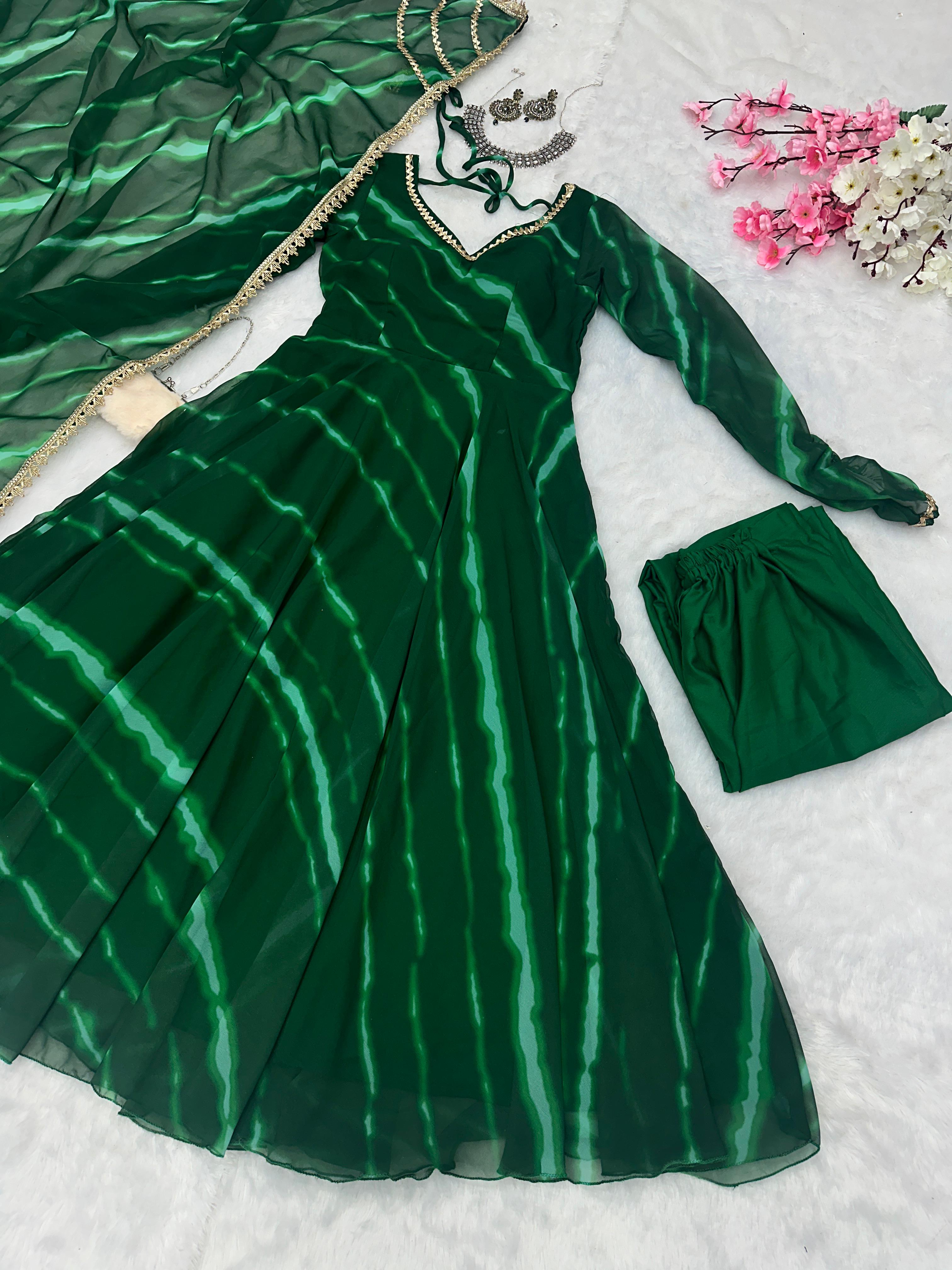 Party Wear Green Color Pure Georgette Laheriya Printed Designer Anarkali Suit