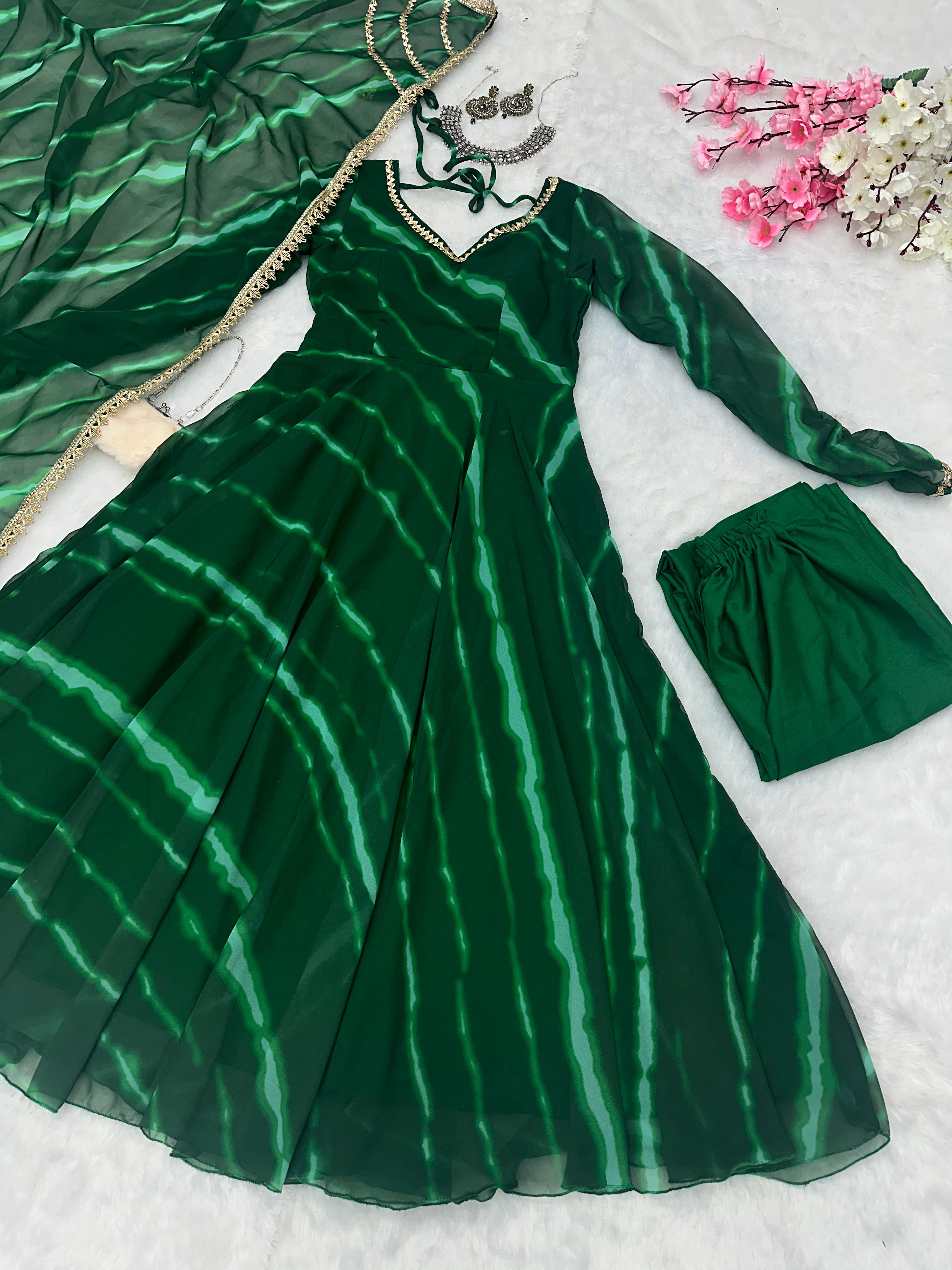 Party Wear Green Color Pure Georgette Laheriya Printed Designer Anarkali Suit