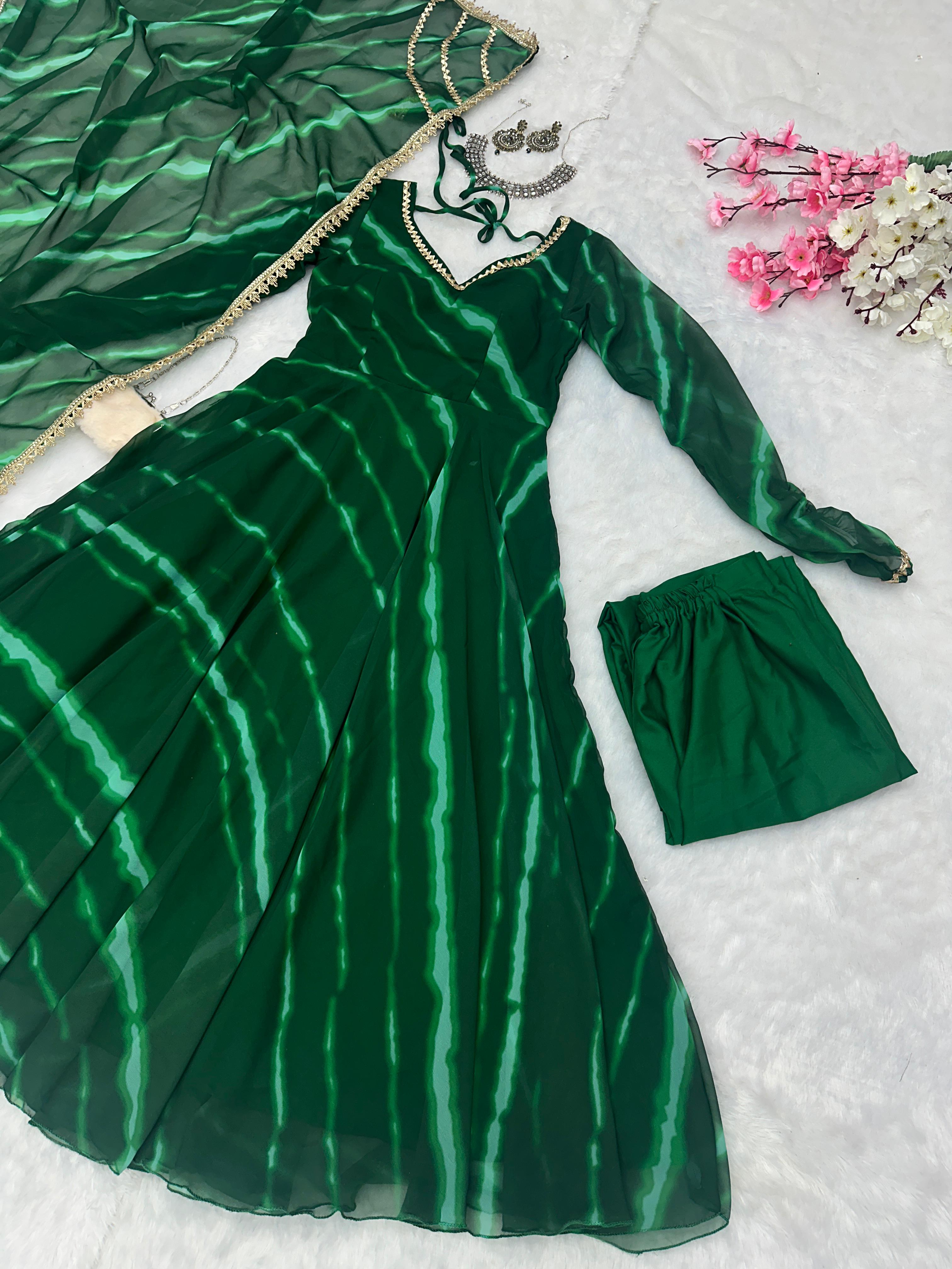 Party Wear Green Color Pure Georgette Laheriya Printed Designer Anarkali Suit