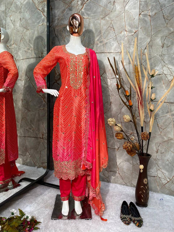 Beautiful Orange Color Pure Chinon Silk Printed With Sequences Embroidery Work Salwar Suit