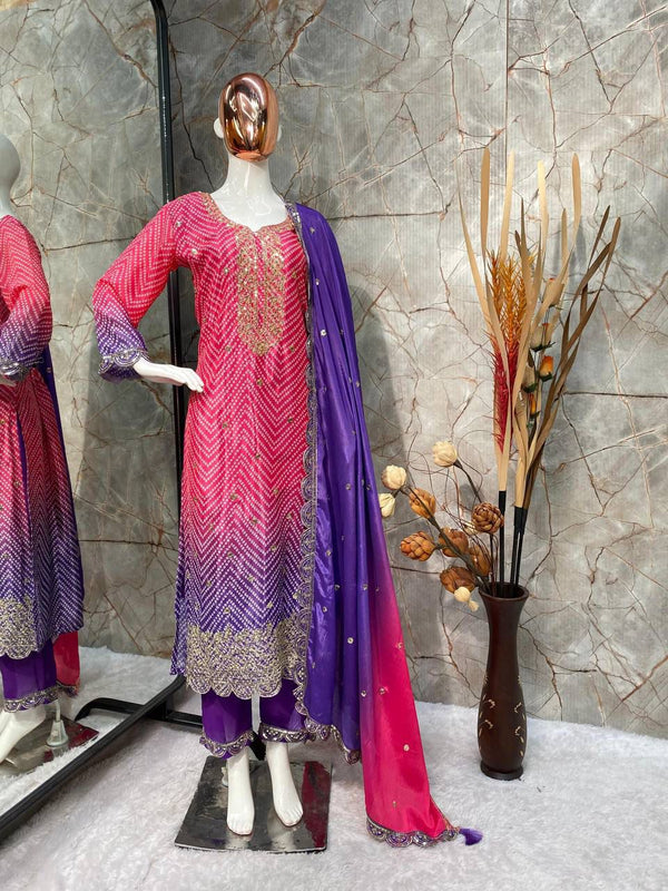 Beautiful Purple And Pink Color Pure Chinon Silk Printed With Sequences Embroidery Work Salwar Suit