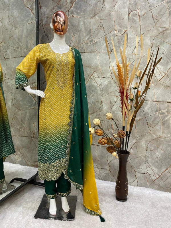 Beautiful Yellow And Green Color Pure Chinon Silk Printed With Sequences Embroidery Work Salwar Suit
