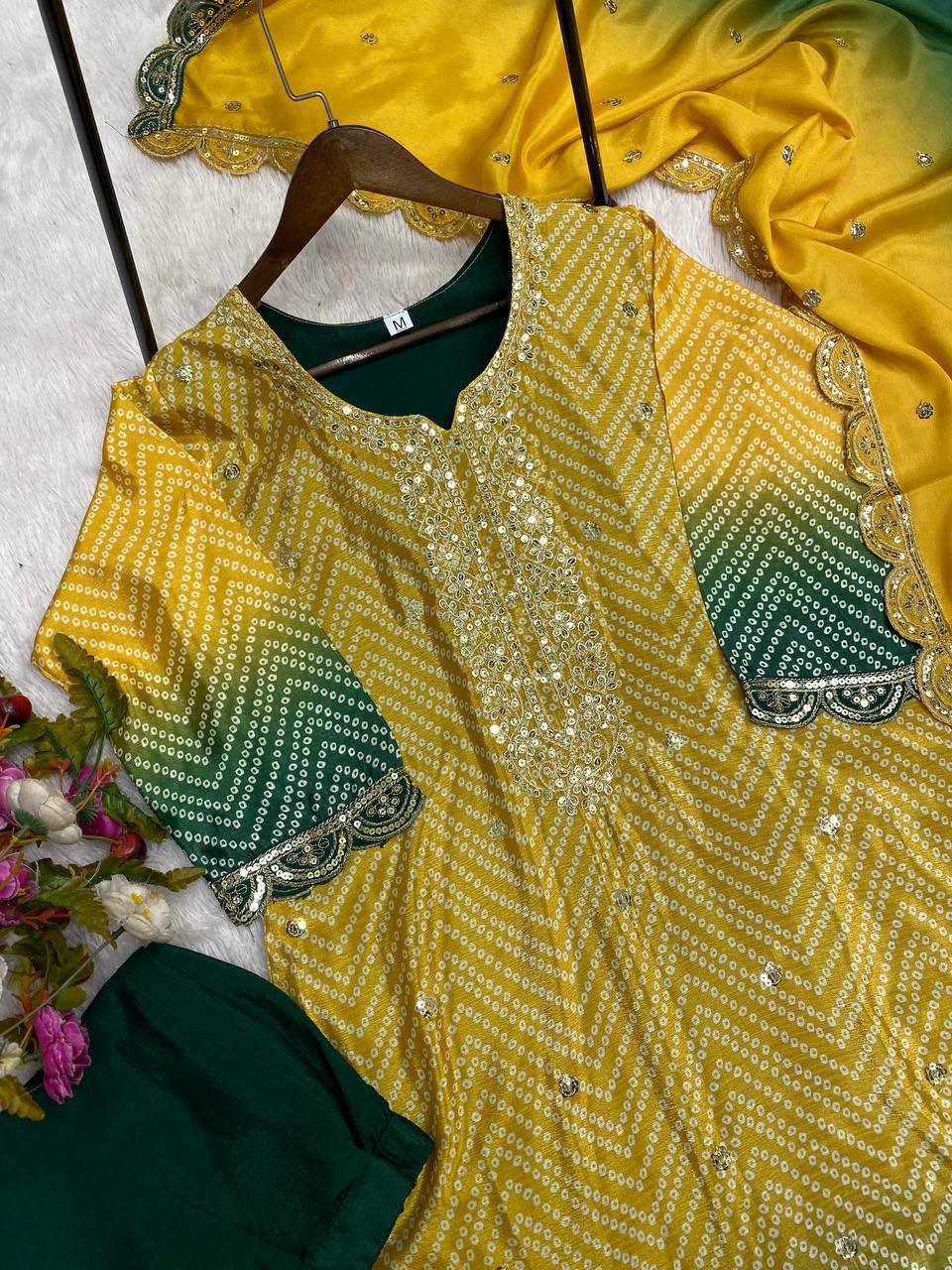 Beautiful Yellow And Green Color Pure Chinon Silk Printed With Sequences Embroidery Work Salwar Suit