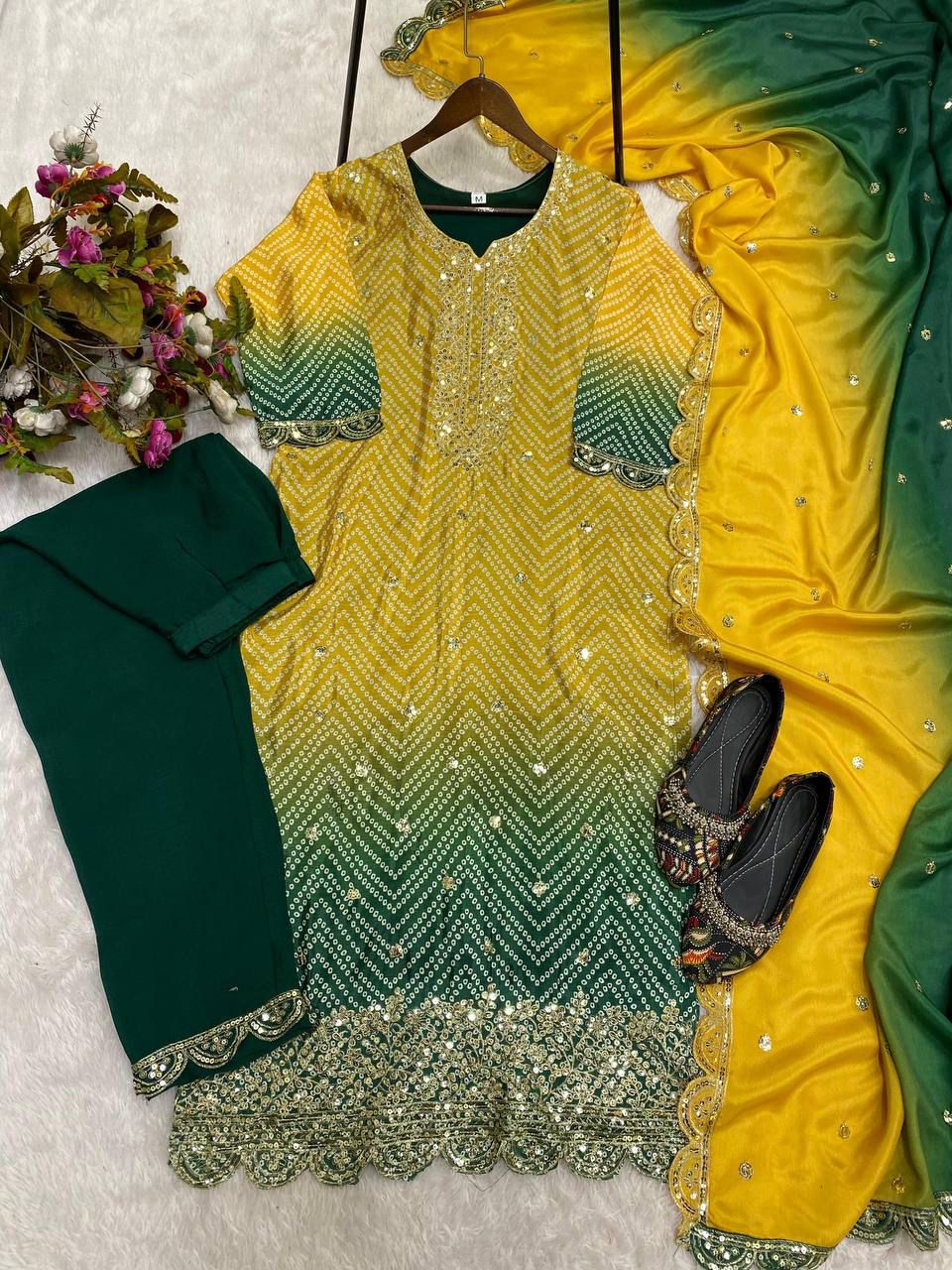 Beautiful Yellow And Green Color Pure Chinon Silk Printed With Sequences Embroidery Work Salwar Suit