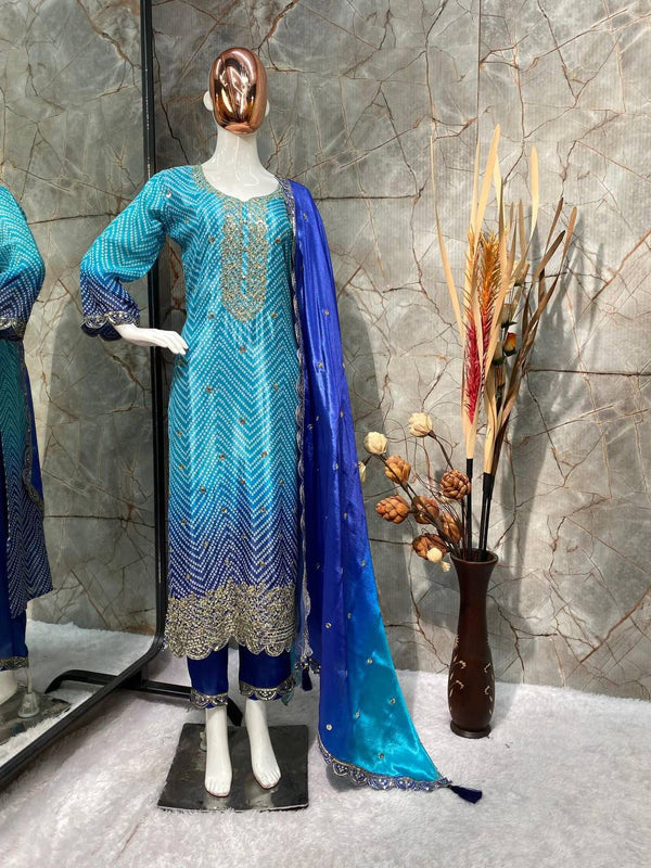Beautiful Sky Blue Color Pure Chinon Silk Printed With Sequences Embroidery Work Salwar Suit