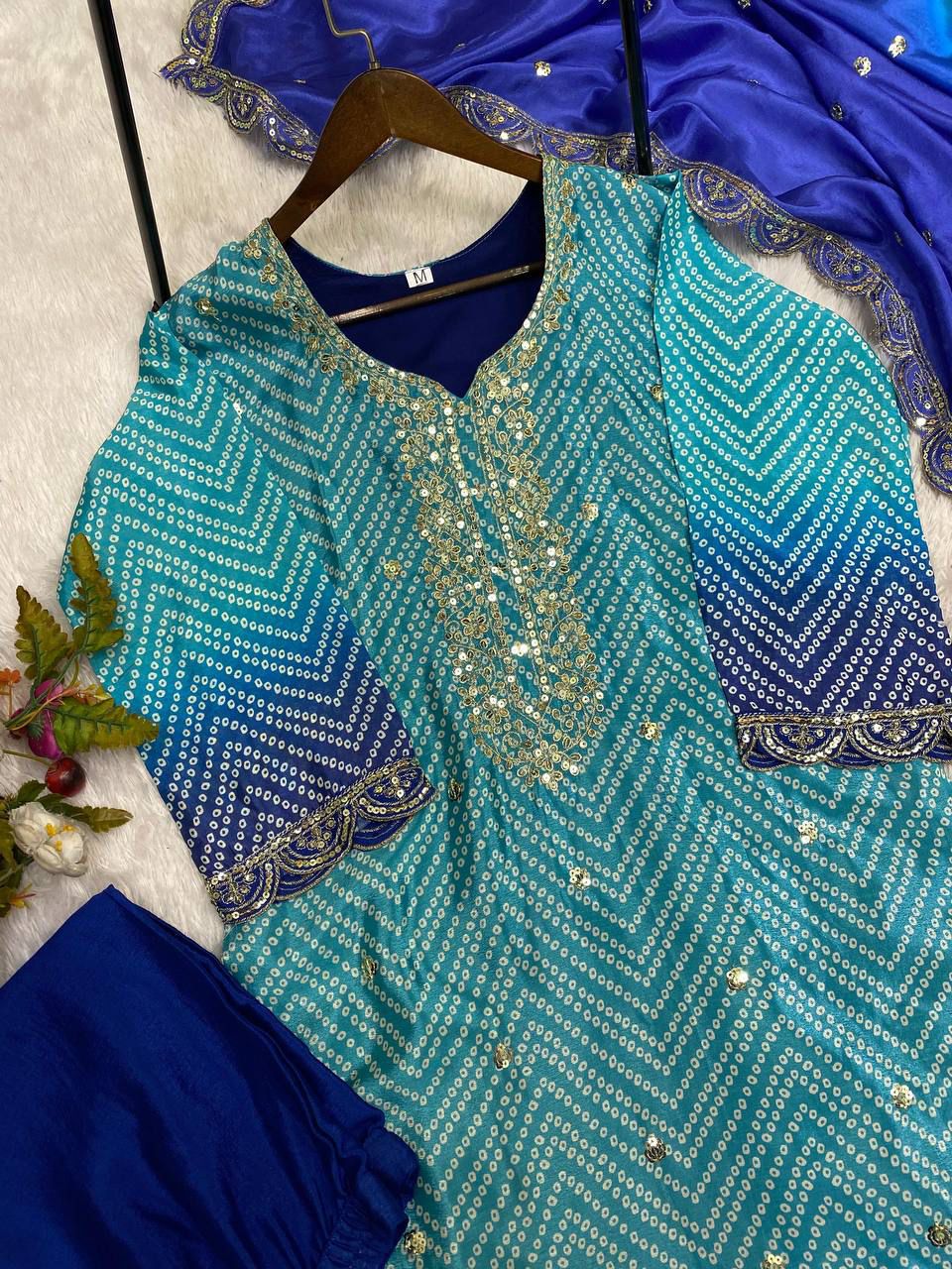 Beautiful Sky Blue Color Pure Chinon Silk Printed With Sequences Embroidery Work Salwar Suit