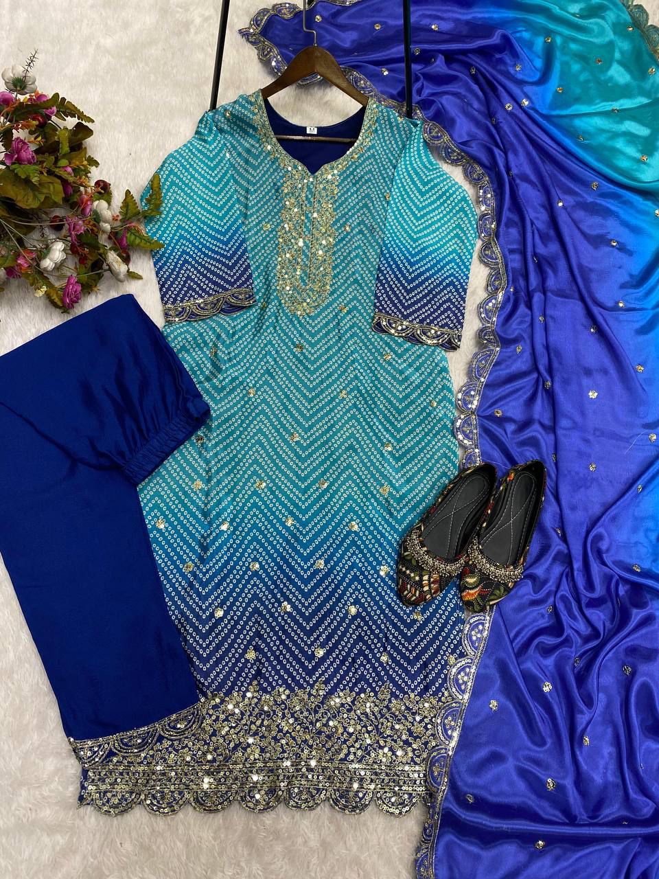 Beautiful Sky Blue Color Pure Chinon Silk Printed With Sequences Embroidery Work Salwar Suit