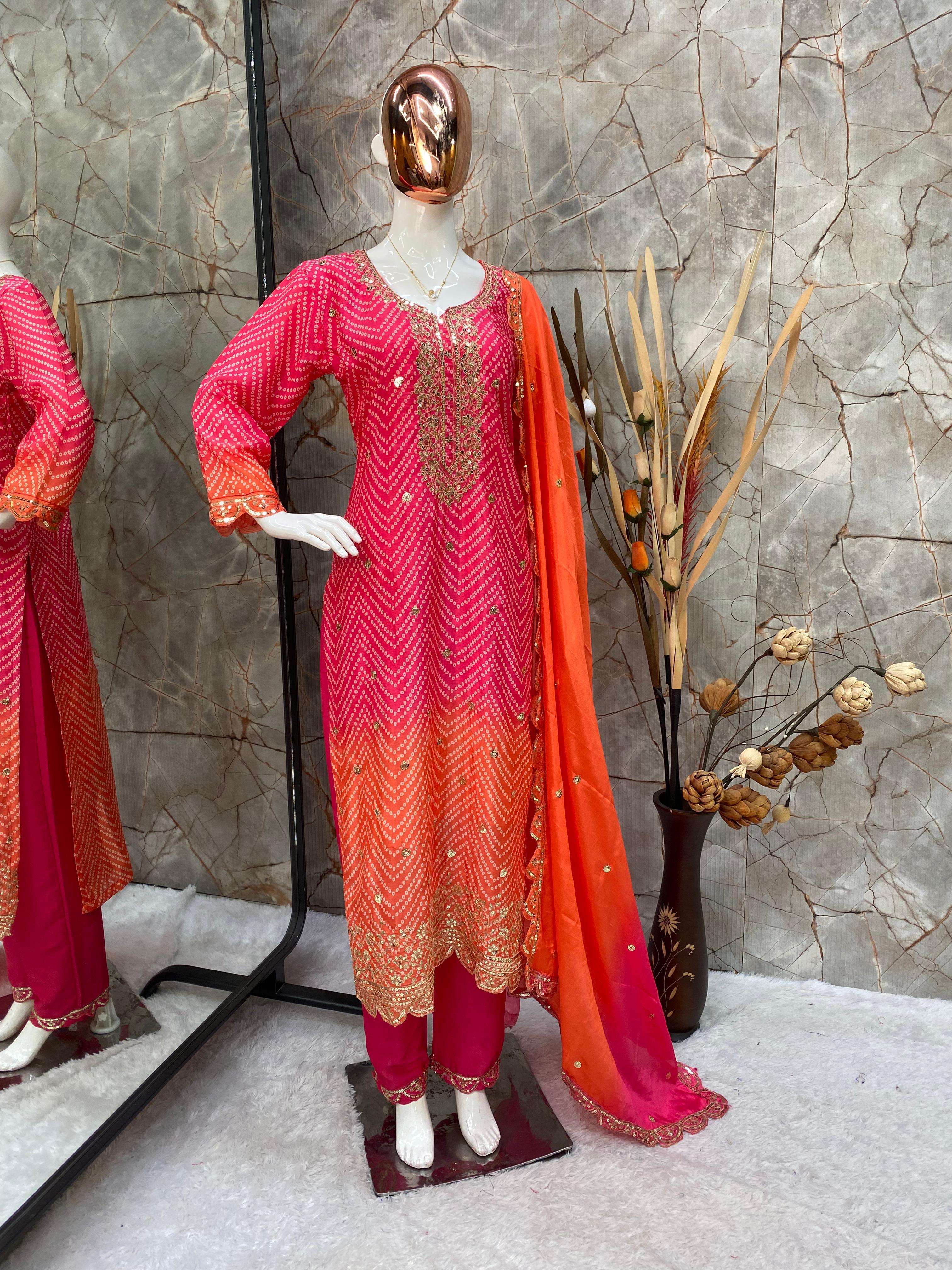 Beautiful Pink Color Pure Chinon Silk Printed With Sequences Embroidery Work Salwar Suit