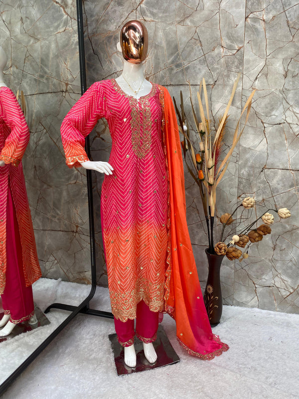 Beautiful Pink Color Pure Chinon Silk Printed With Sequences Embroidery Work Salwar Suit