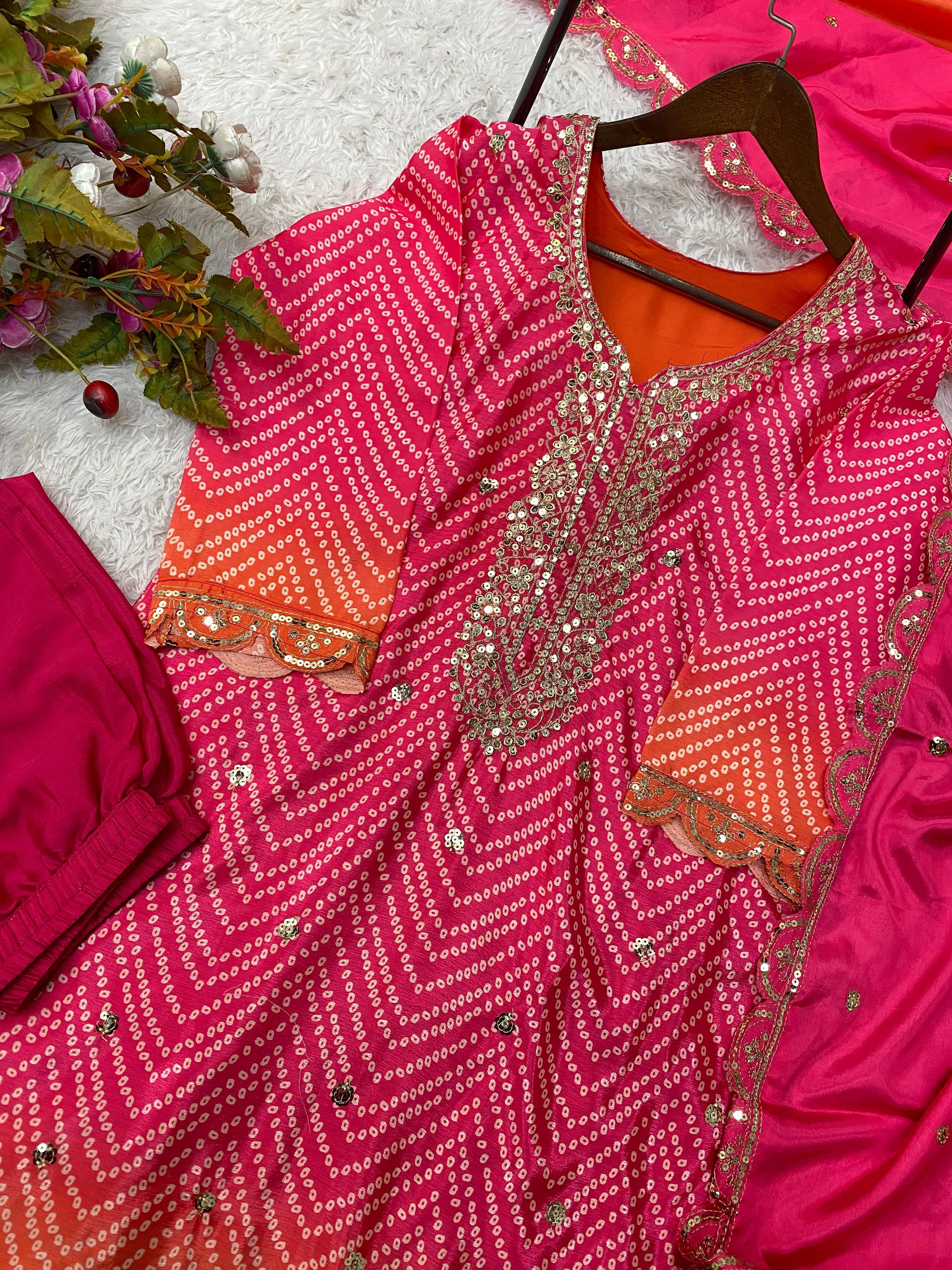 Beautiful Pink Color Pure Chinon Silk Printed With Sequences Embroidery Work Salwar Suit