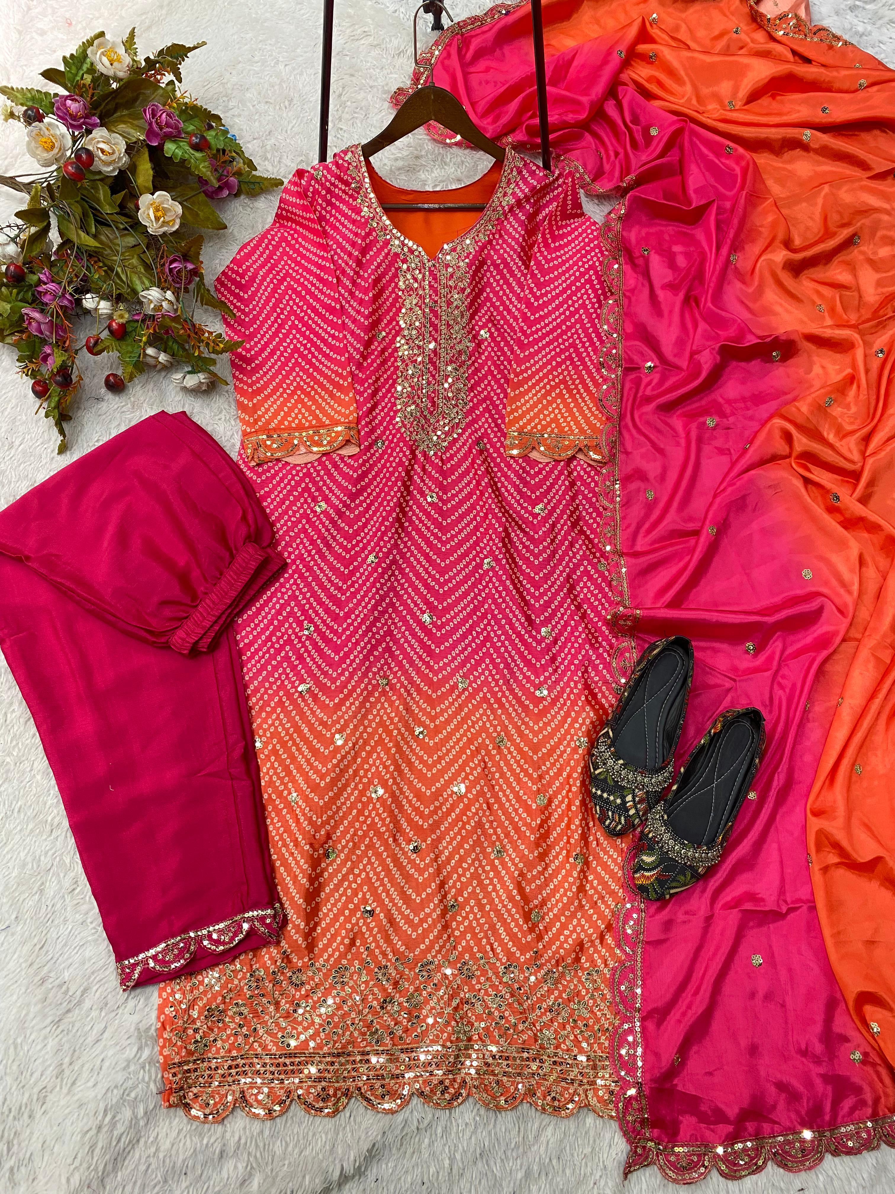 Beautiful Pink Color Pure Chinon Silk Printed With Sequences Embroidery Work Salwar Suit