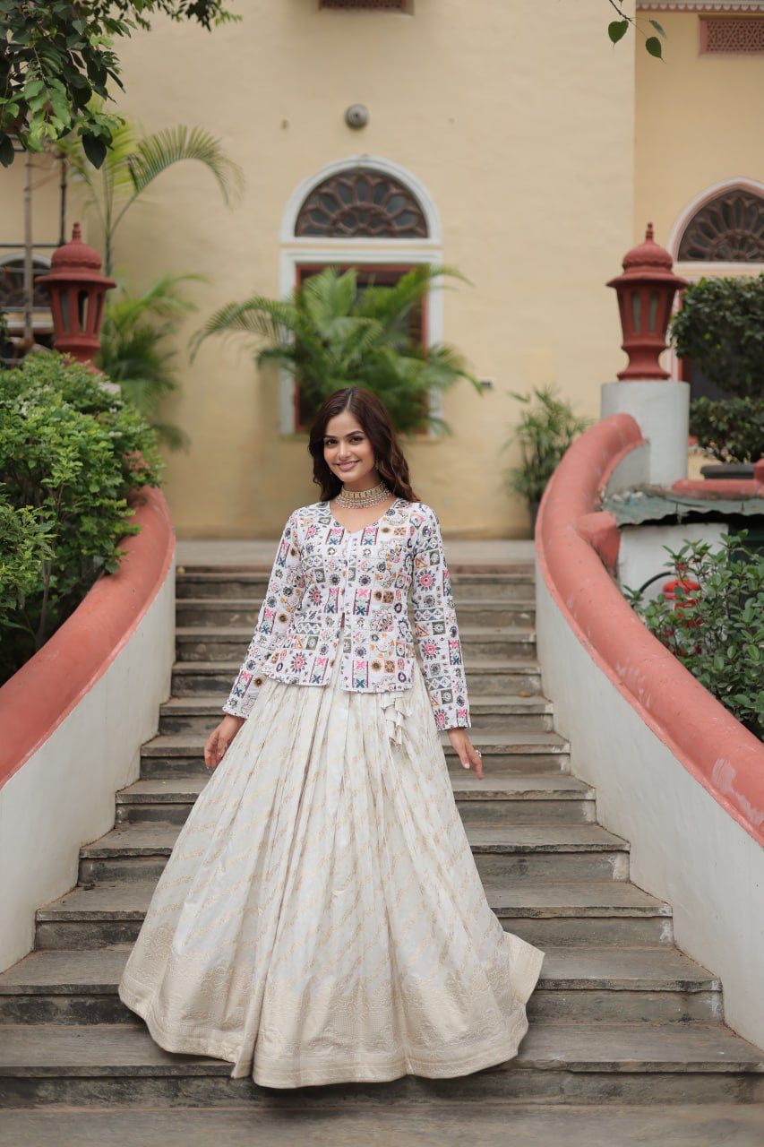 Trending Fashionable Off White Co-Ord Set With Rich Thread Sequins Embroidered Work Blouse And Dyable Viscose Lehenga