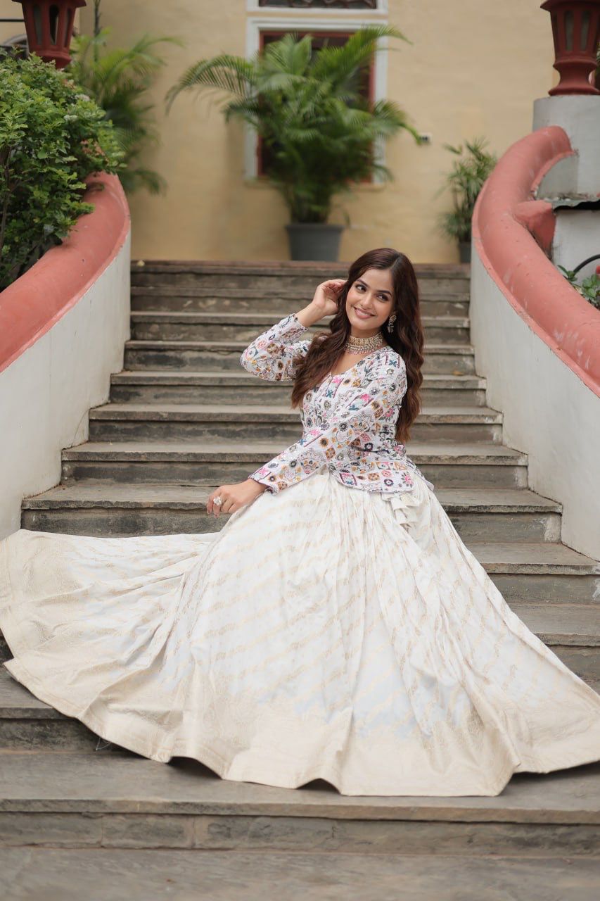 Trending Fashionable Off White Co-Ord Set With Rich Thread Sequins Embroidered Work Blouse And Dyable Viscose Lehenga