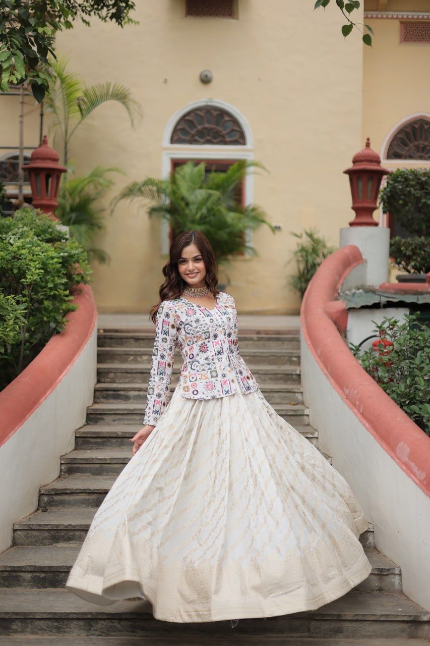 Trending Fashionable Off White Co-Ord Set With Rich Thread Sequins Embroidered Work Blouse And Dyable Viscose Lehenga