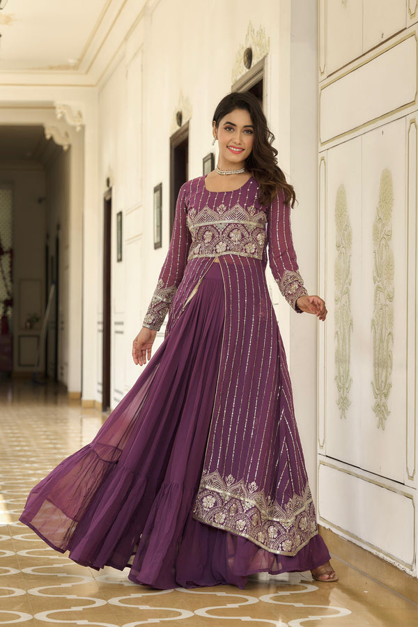 Classy Lavender Color Faux Georgette Heavy Embroidery Work Designer Lehenga Choli With Shrug