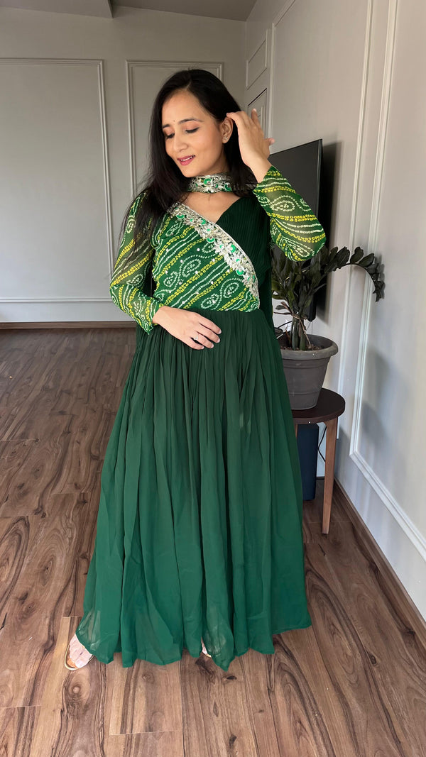 Luxuriant Green Color Pure Bandhej With Faux Georgette And Sequence Embroidery Work Beautiful Gown