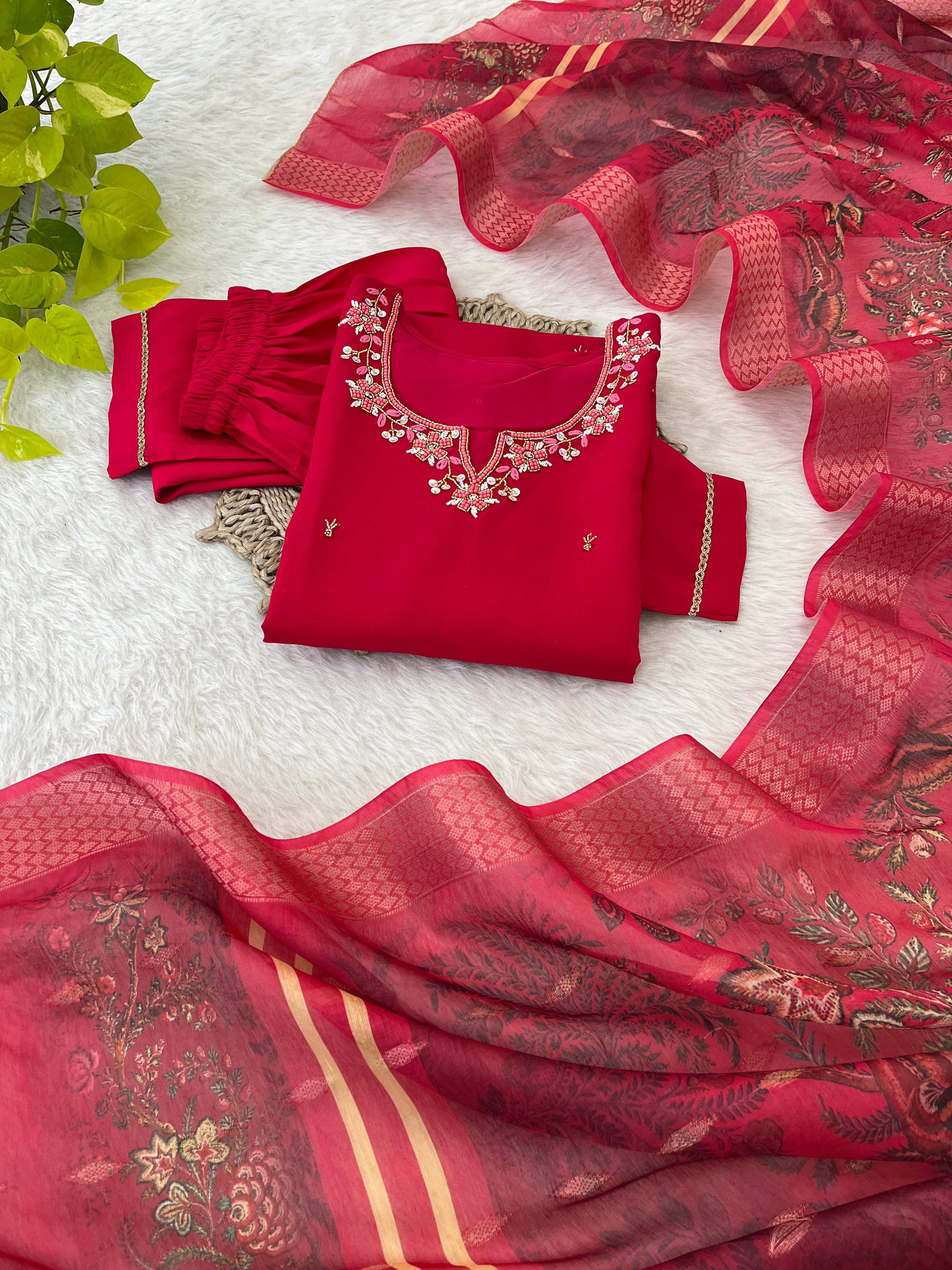 Premium Roman Silk Soft Fabric With Hand work Neck Red Color Kurti With Pant