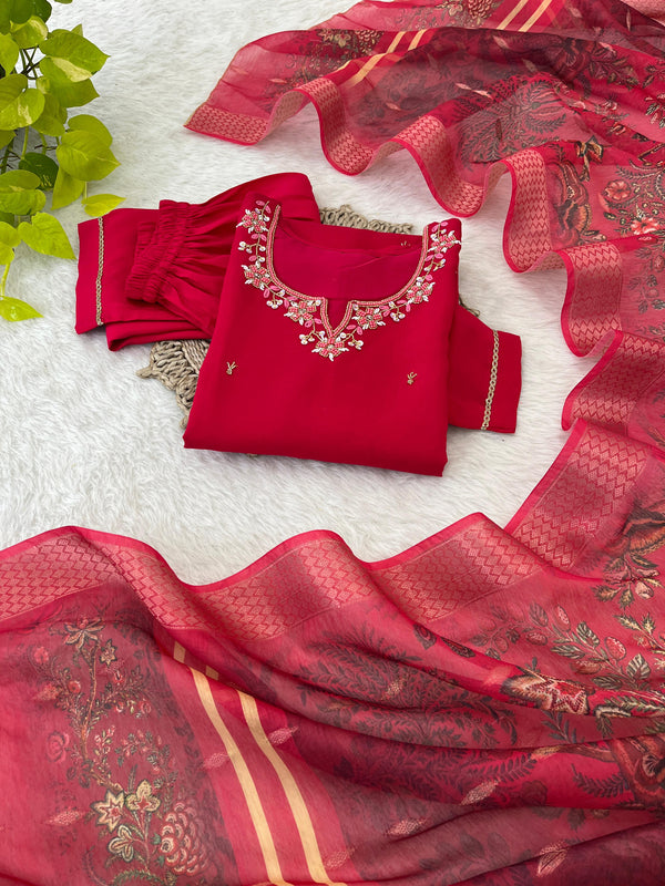 Premium Roman Silk Soft Fabric With Hand work Neck Red Color Kurti With Pant