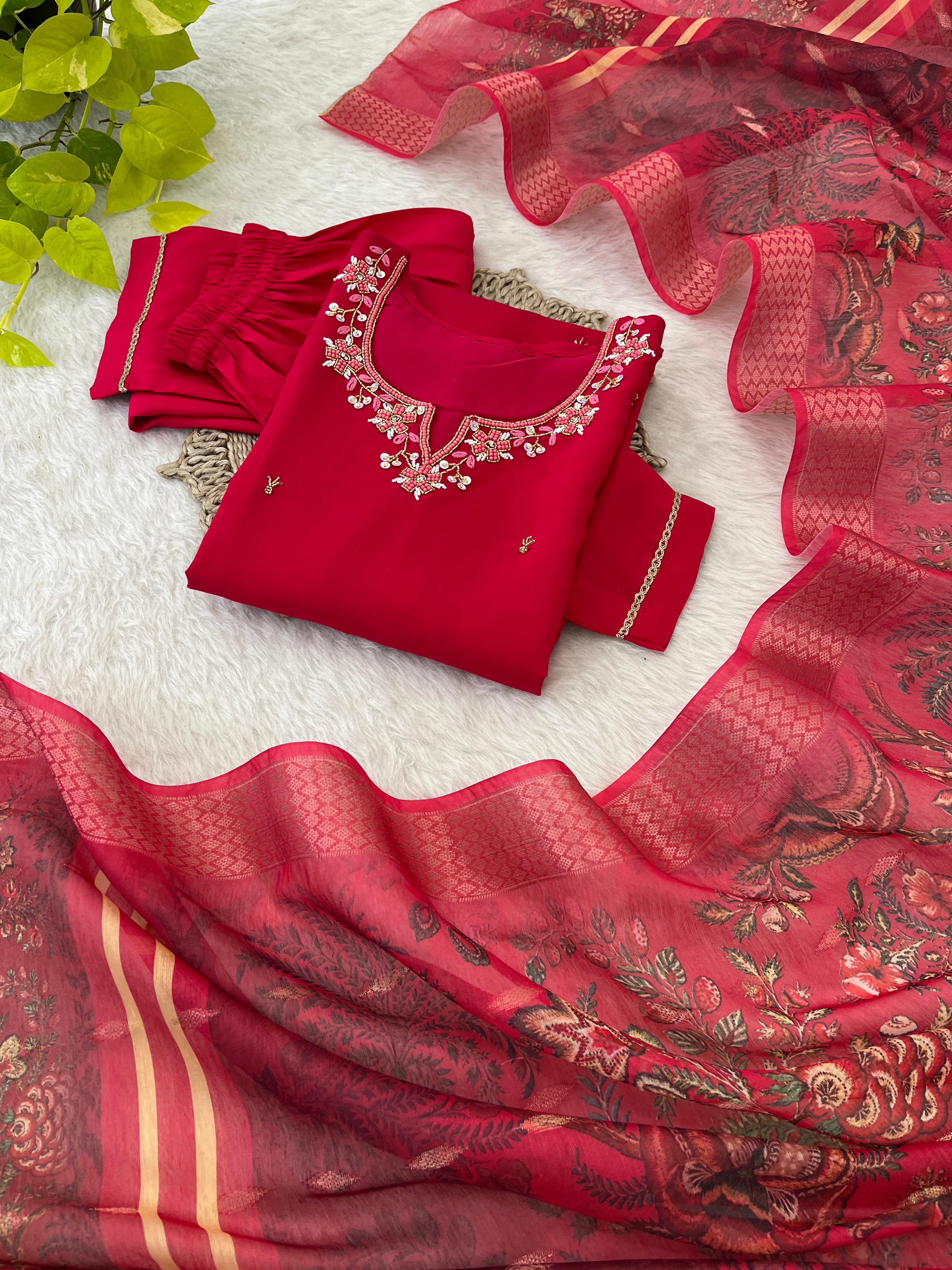 Premium Roman Silk Soft Fabric With Hand work Neck Red Color Kurti With Pant