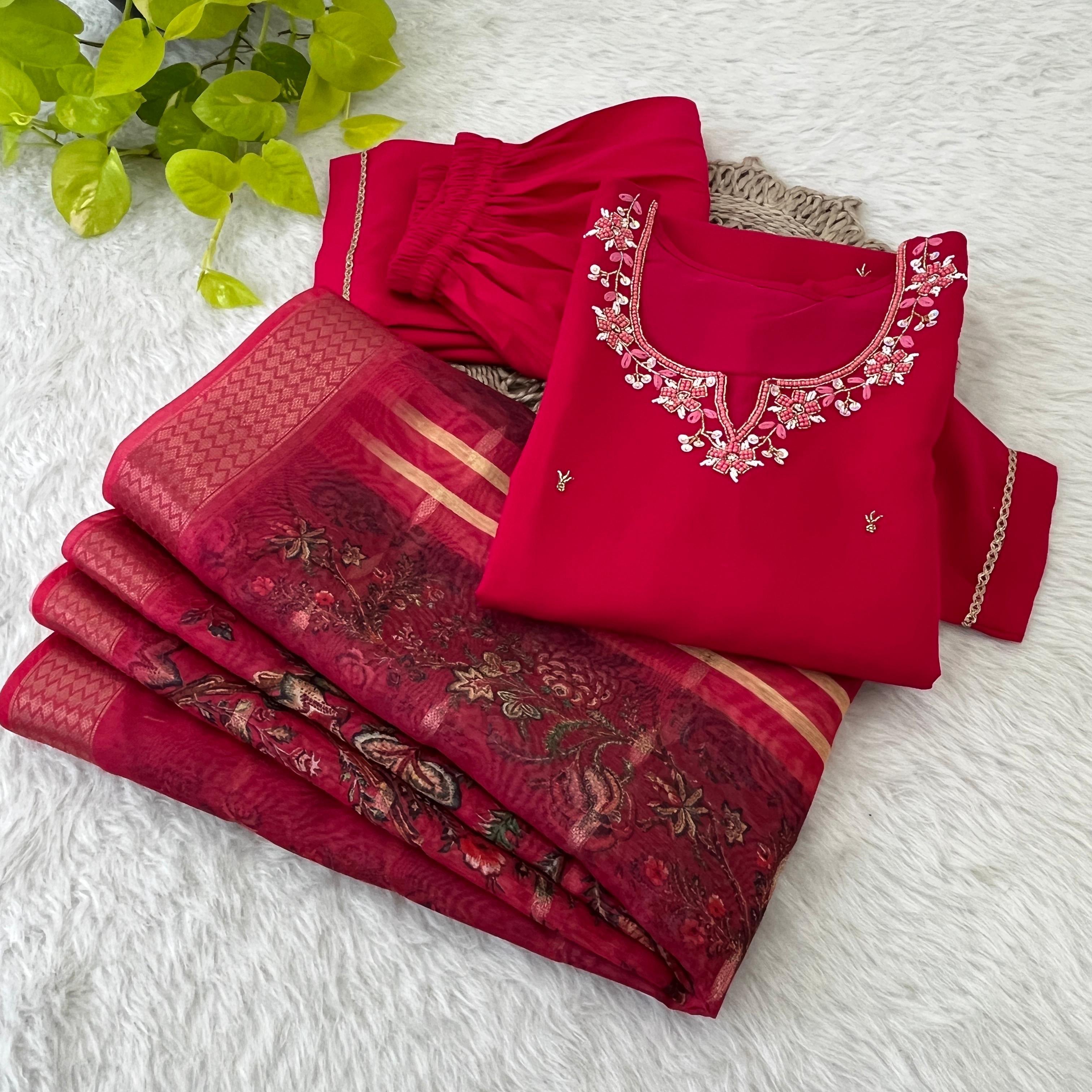 Premium Roman Silk Soft Fabric With Hand work Neck Red Color Kurti With Pant