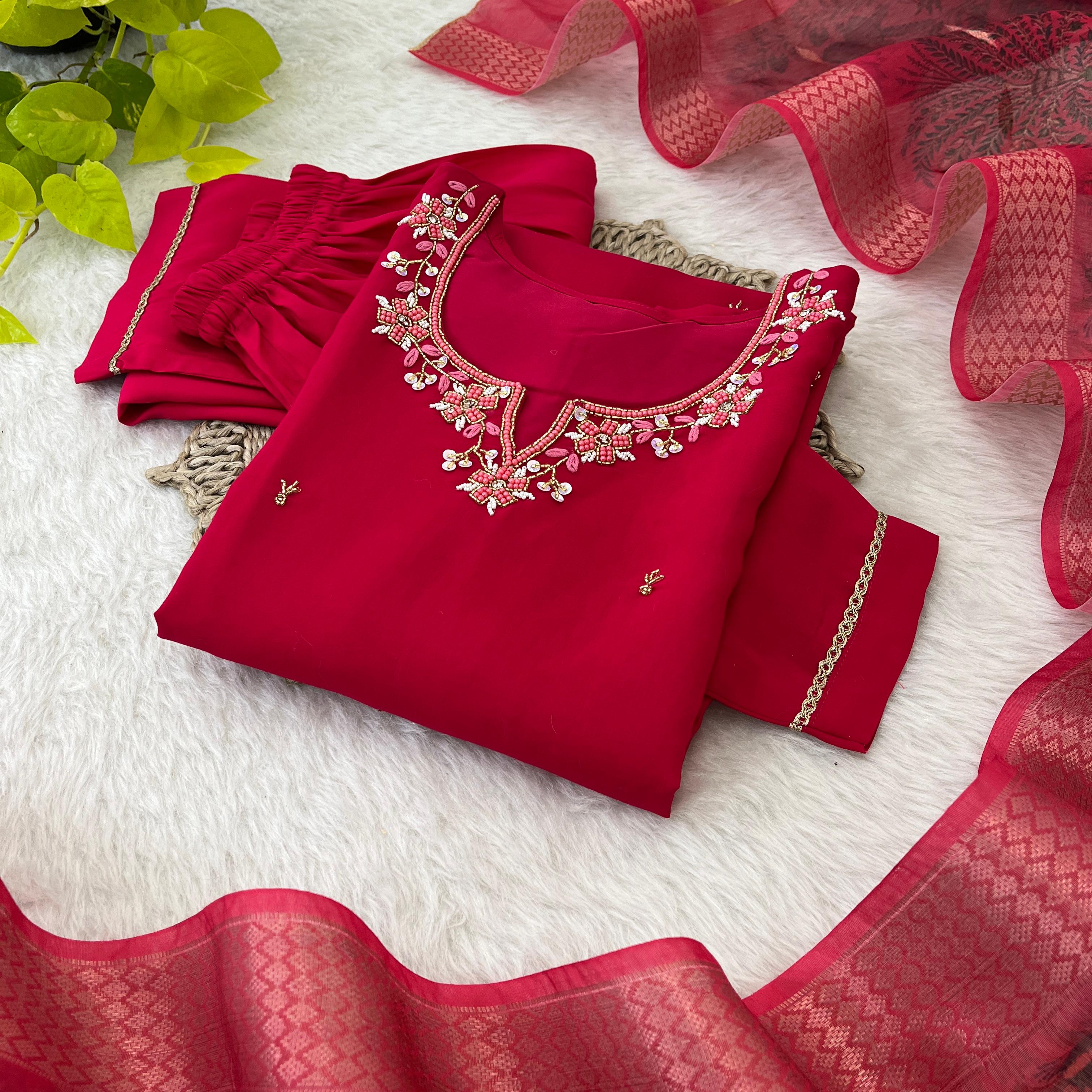 Premium Roman Silk Soft Fabric With Hand work Neck Red Color Kurti With Pant