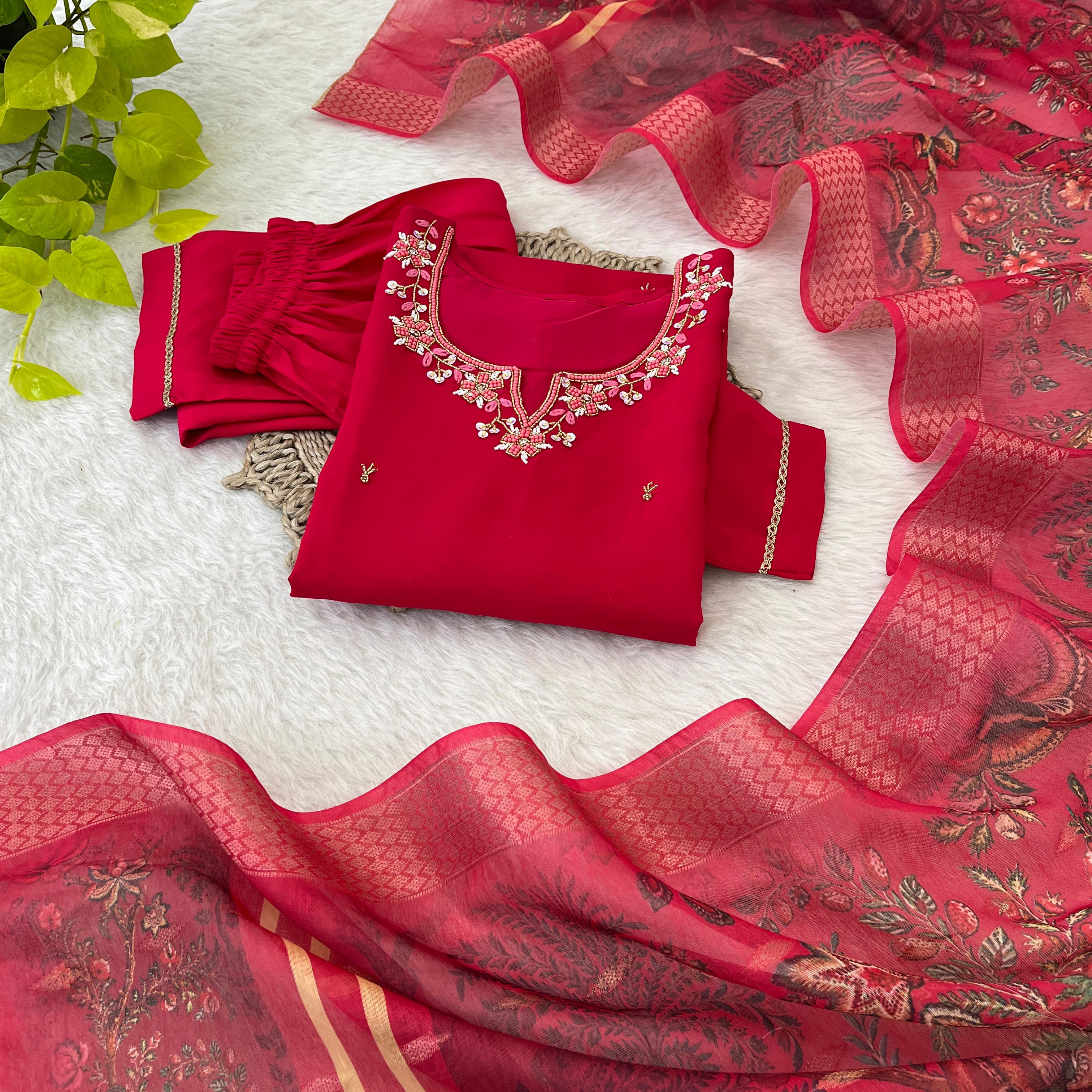 Premium Roman Silk Soft Fabric With Hand work Neck Red Color Kurti With Pant