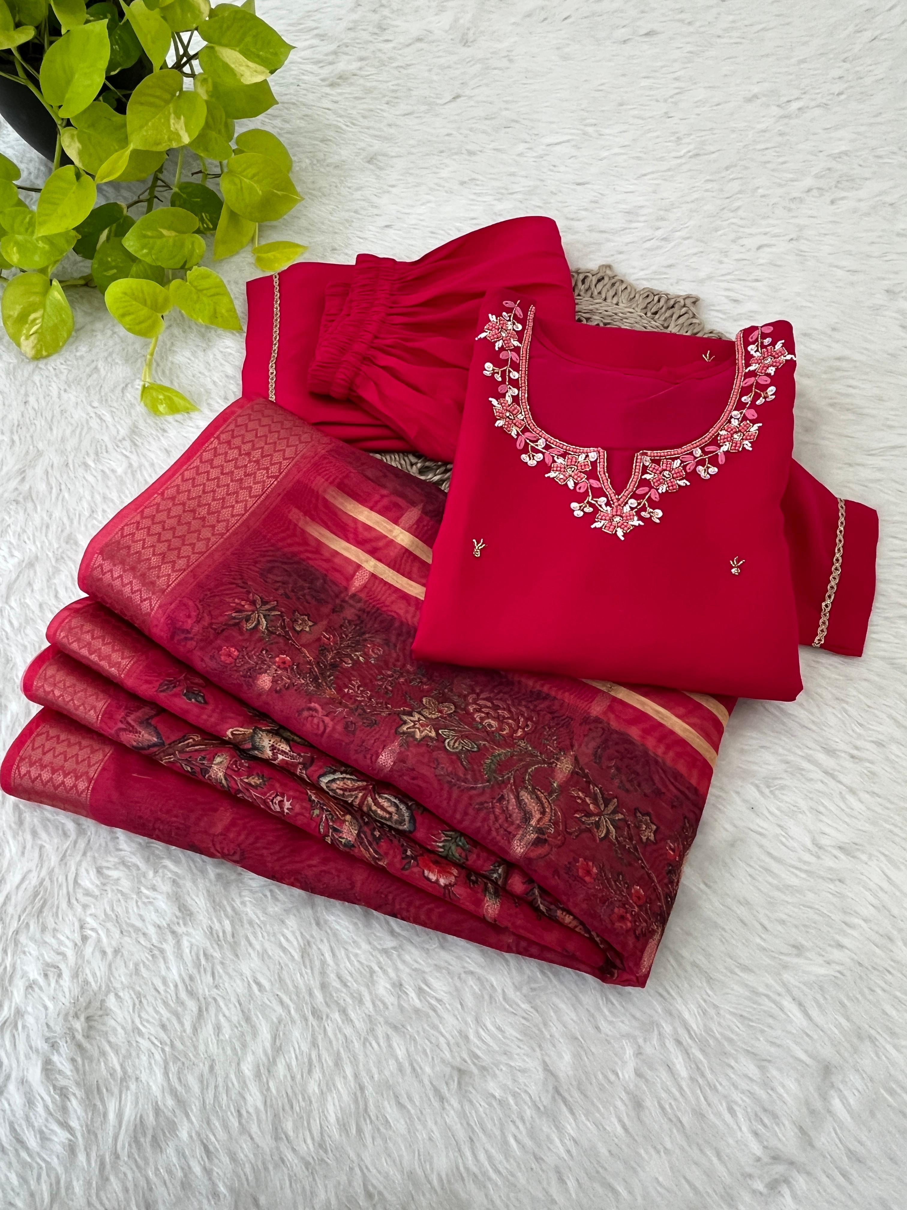 Premium Roman Silk Soft Fabric With Hand work Neck Red Color Kurti With Pant