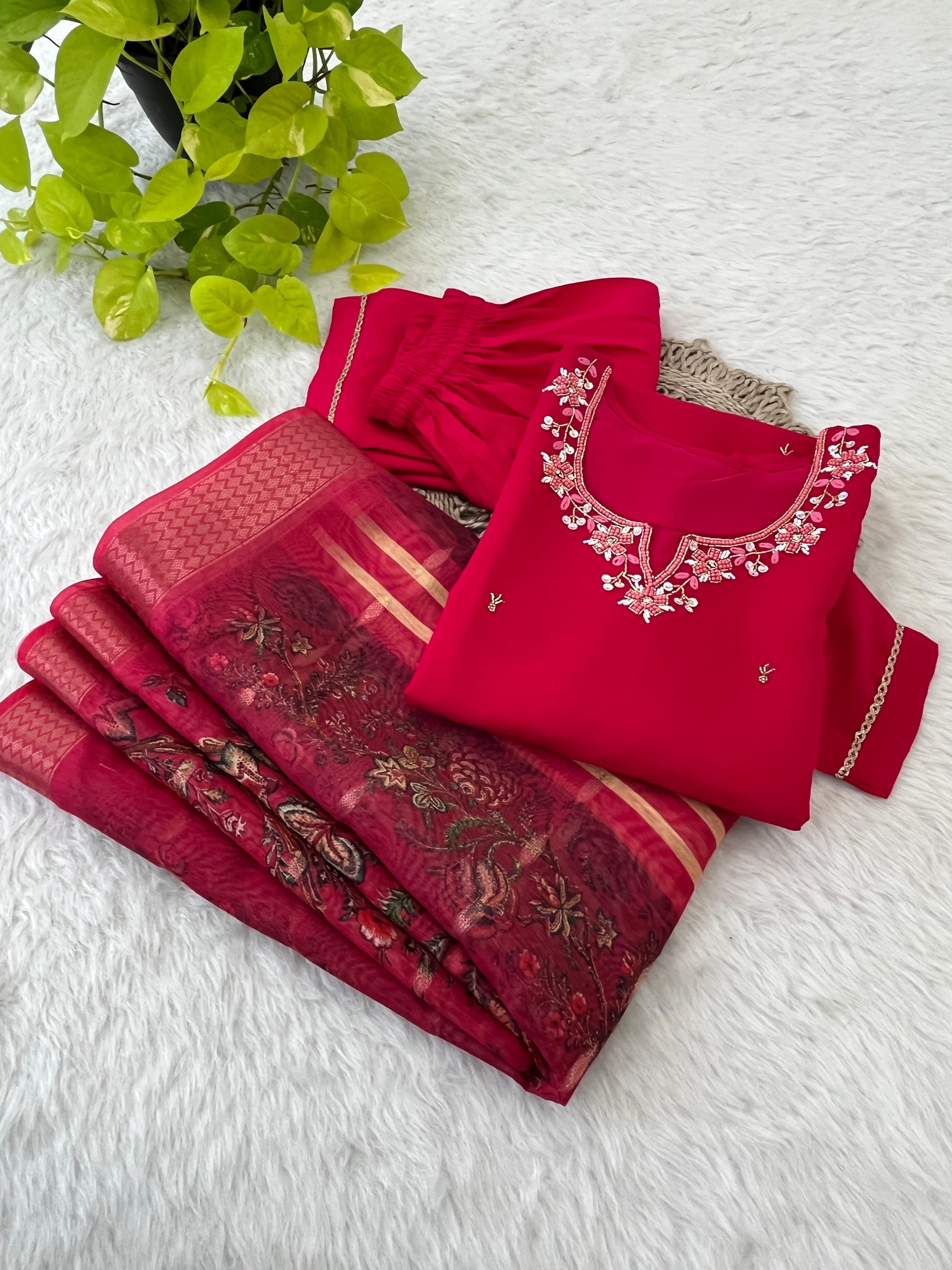 Premium Roman Silk Soft Fabric With Hand work Neck Red Color Kurti With Pant