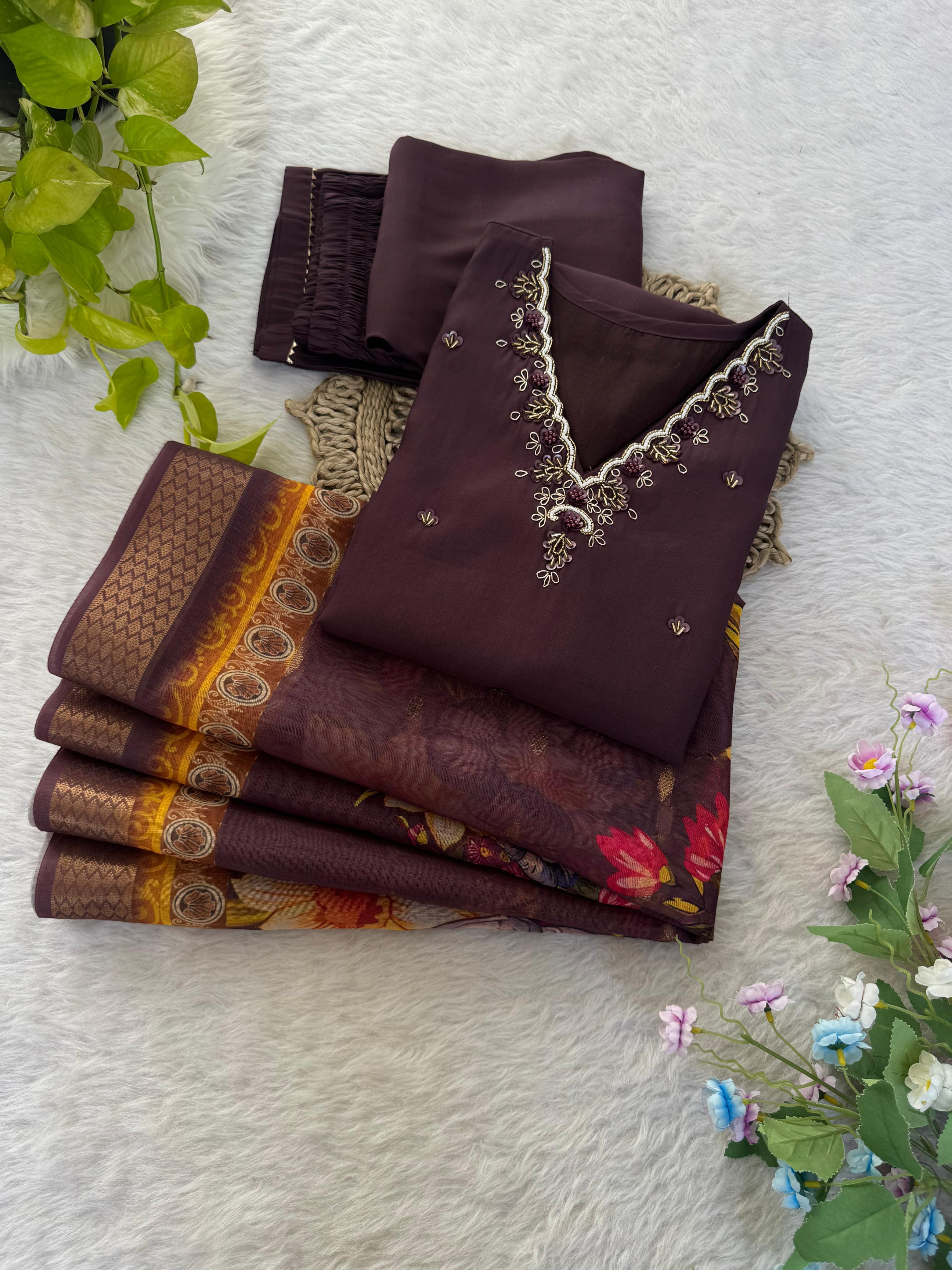 Premium Roman Silk Soft Fabric With Handwork Neck Brown Color Kurti With Pant
