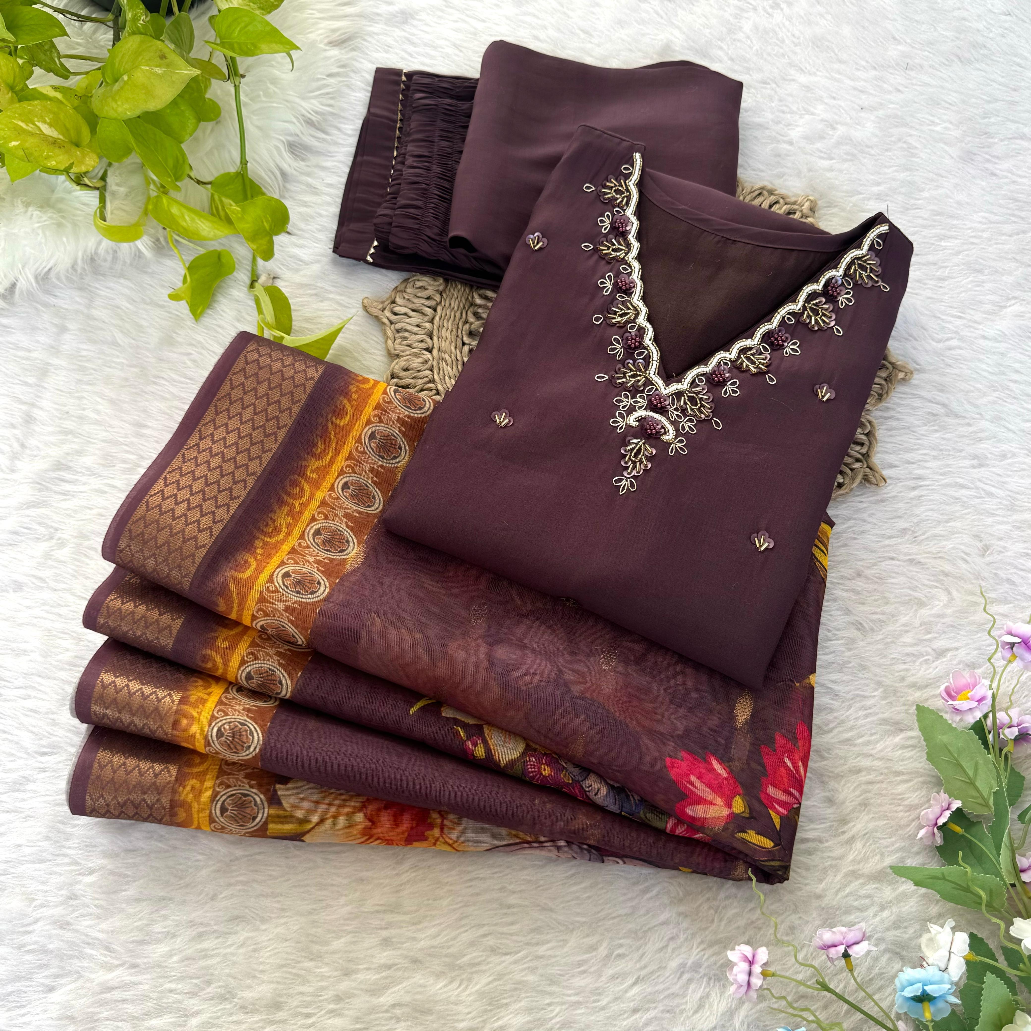 Premium Roman Silk Soft Fabric With Handwork Neck Brown Color Kurti With Pant