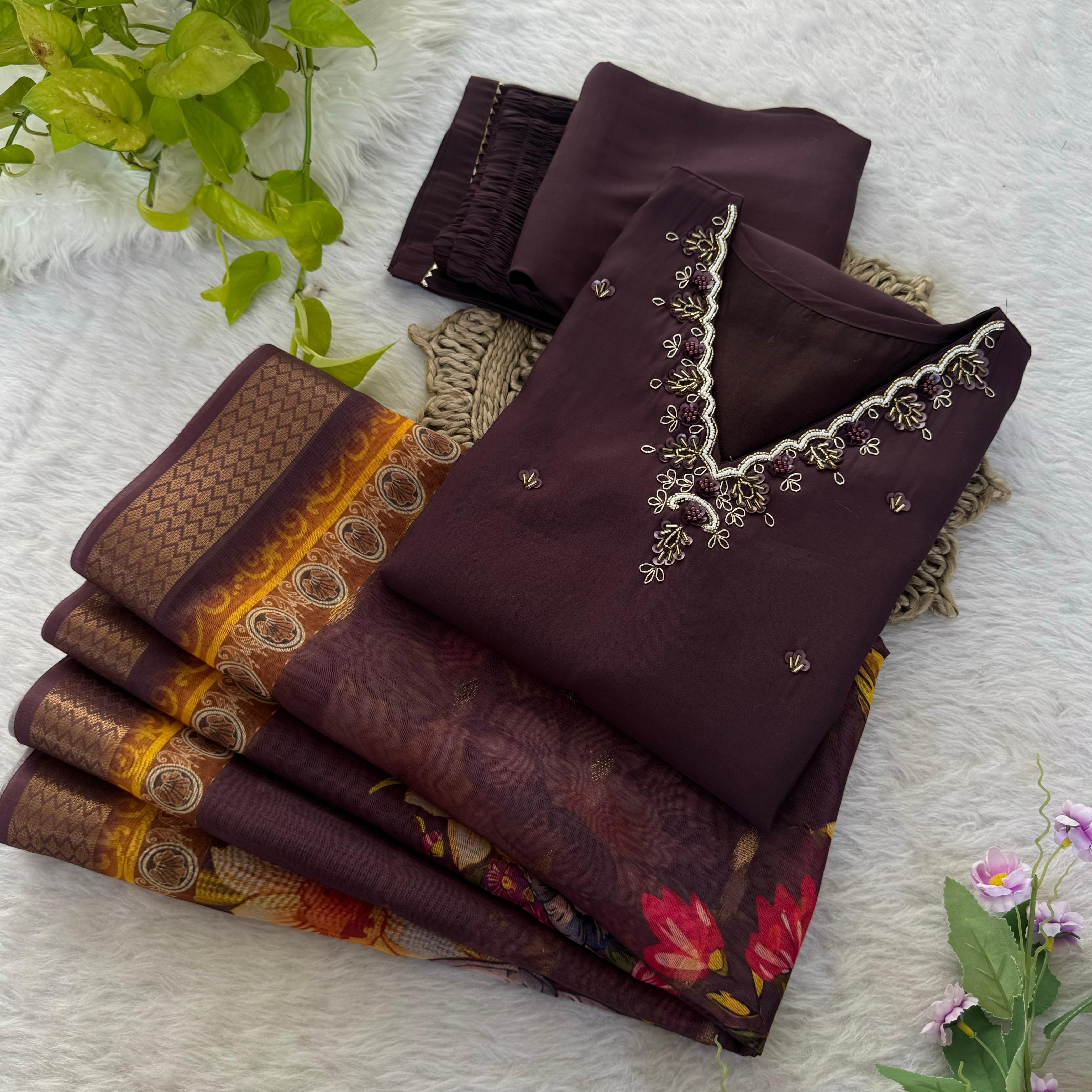 Premium Roman Silk Soft Fabric With Handwork Neck Brown Color Kurti With Pant