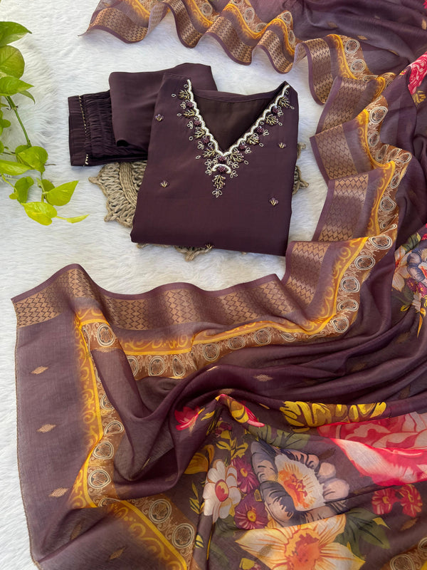 Premium Roman Silk Soft Fabric With Handwork Neck Brown Color Kurti With Pant