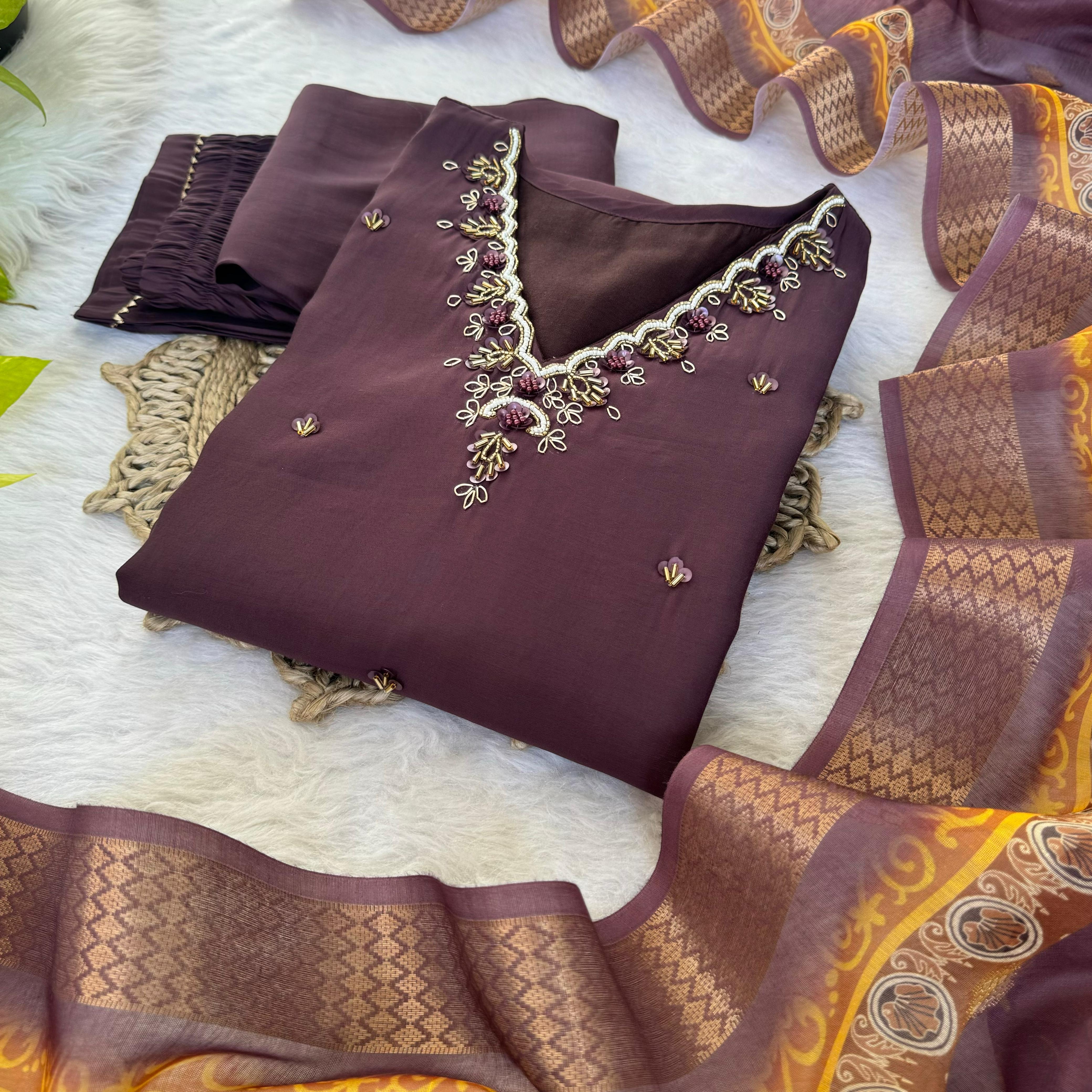 Premium Roman Silk Soft Fabric With Handwork Neck Brown Color Kurti With Pant