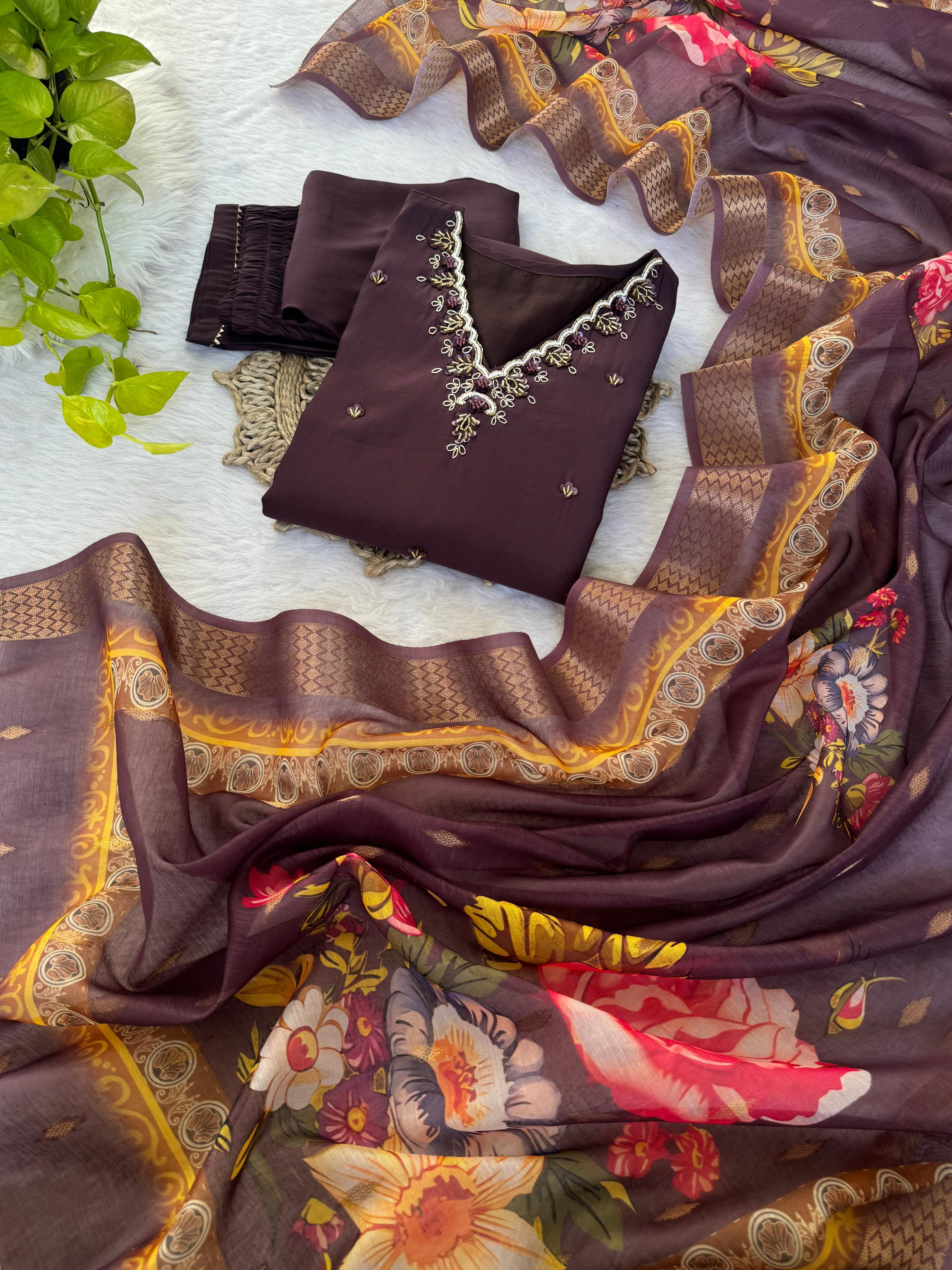 Premium Roman Silk Soft Fabric With Handwork Neck Brown Color Kurti With Pant