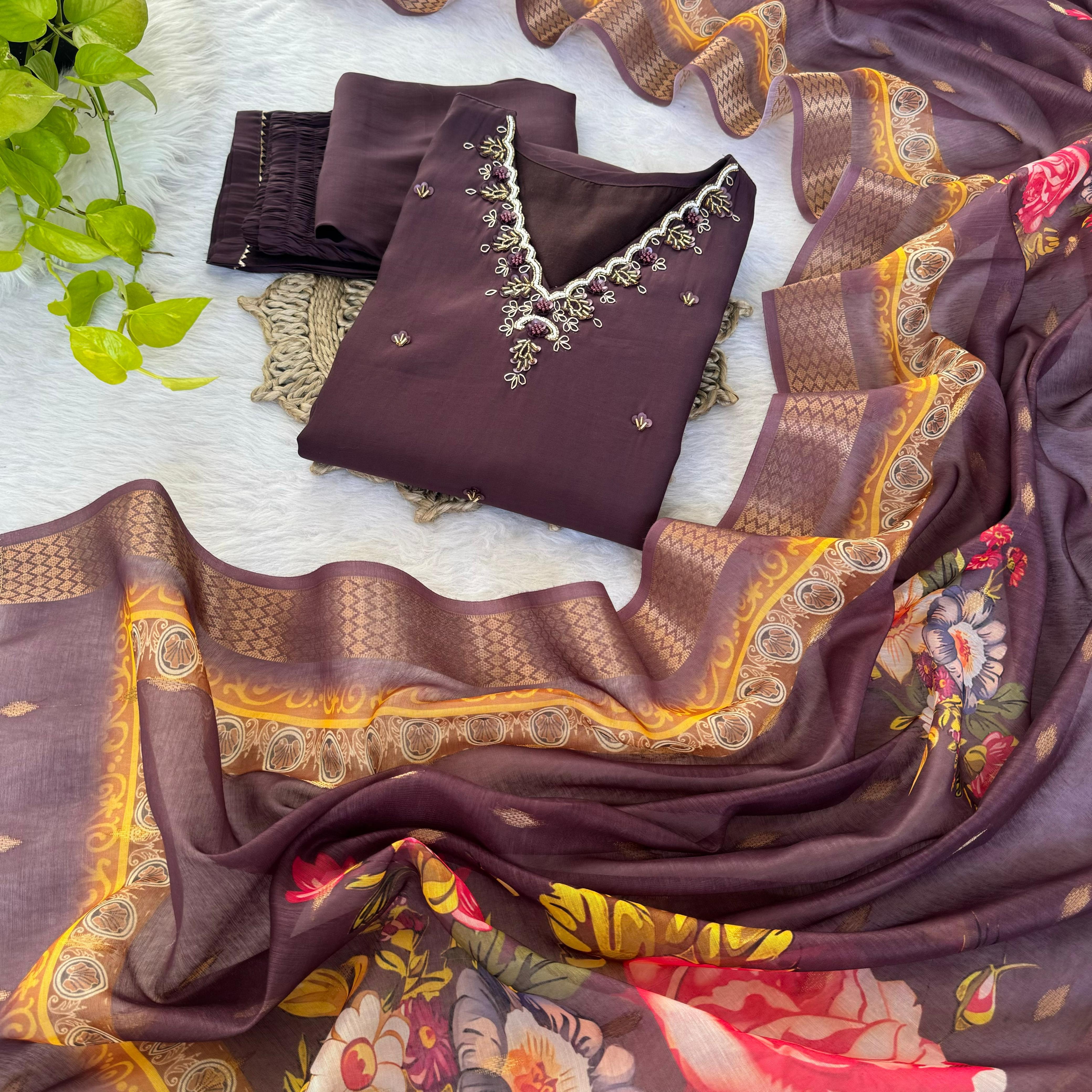 Premium Roman Silk Soft Fabric With Handwork Neck Brown Color Kurti With Pant